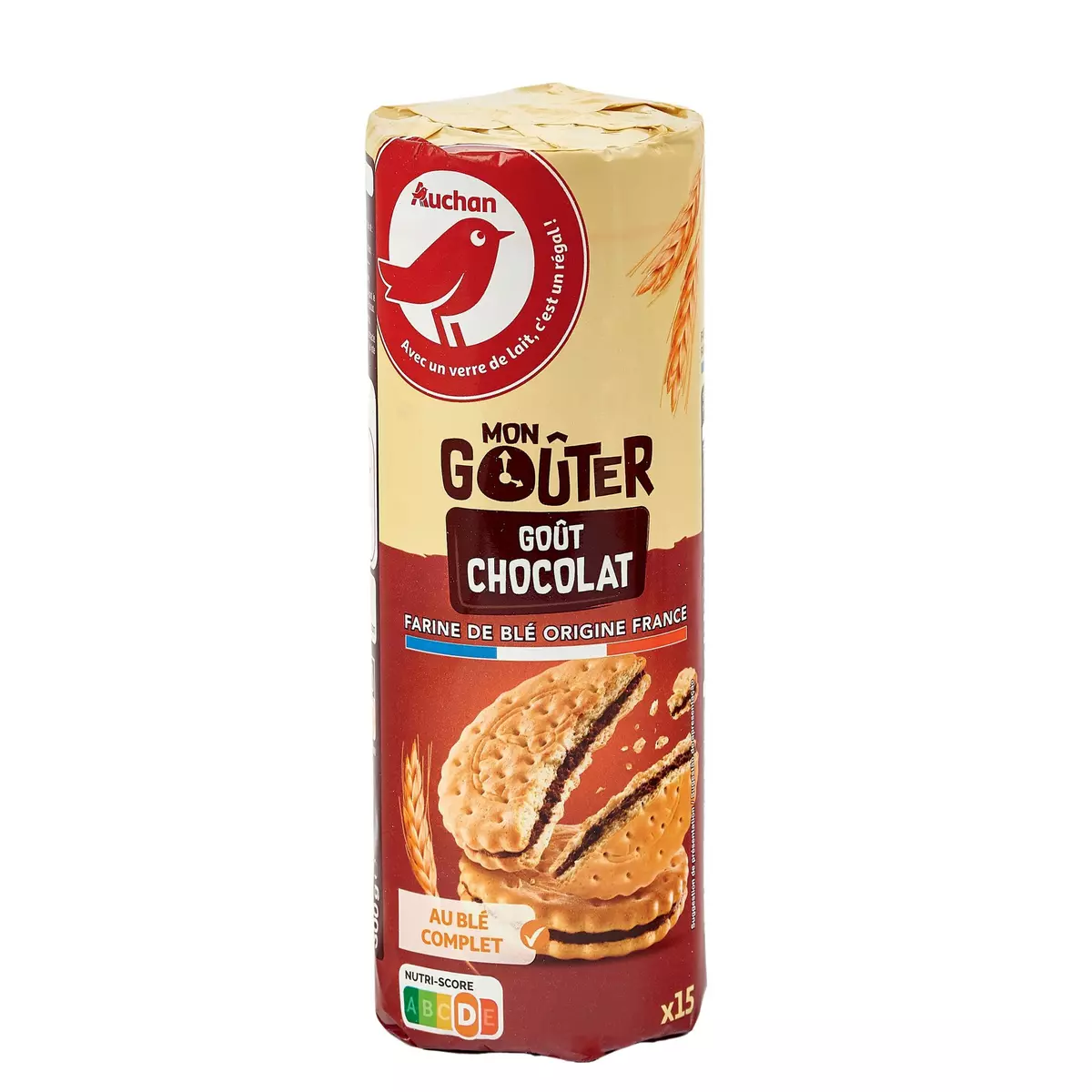 AUCHAN Biscuits ronds fourrés au chocolat au blé complet 300g