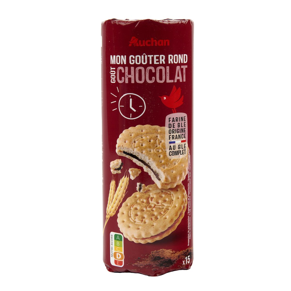AUCHAN Biscuits ronds fourrés au chocolat au blé complet 300g