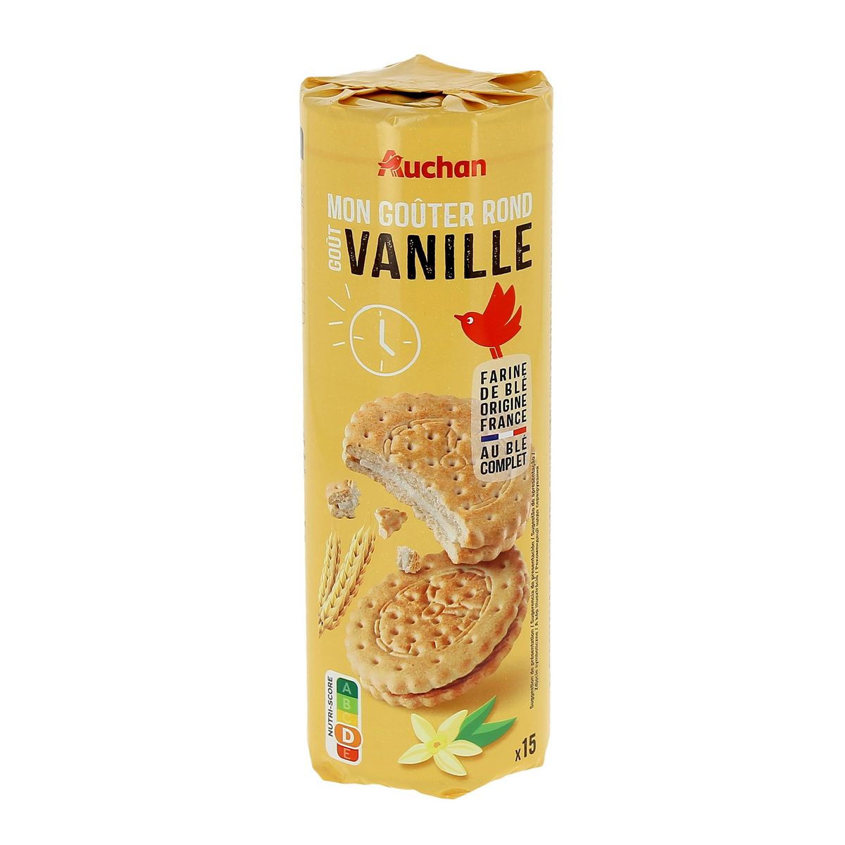 AUCHAN Mon goûter biscuits fourrés goût vanille au blé complet 15 biscuits 300g