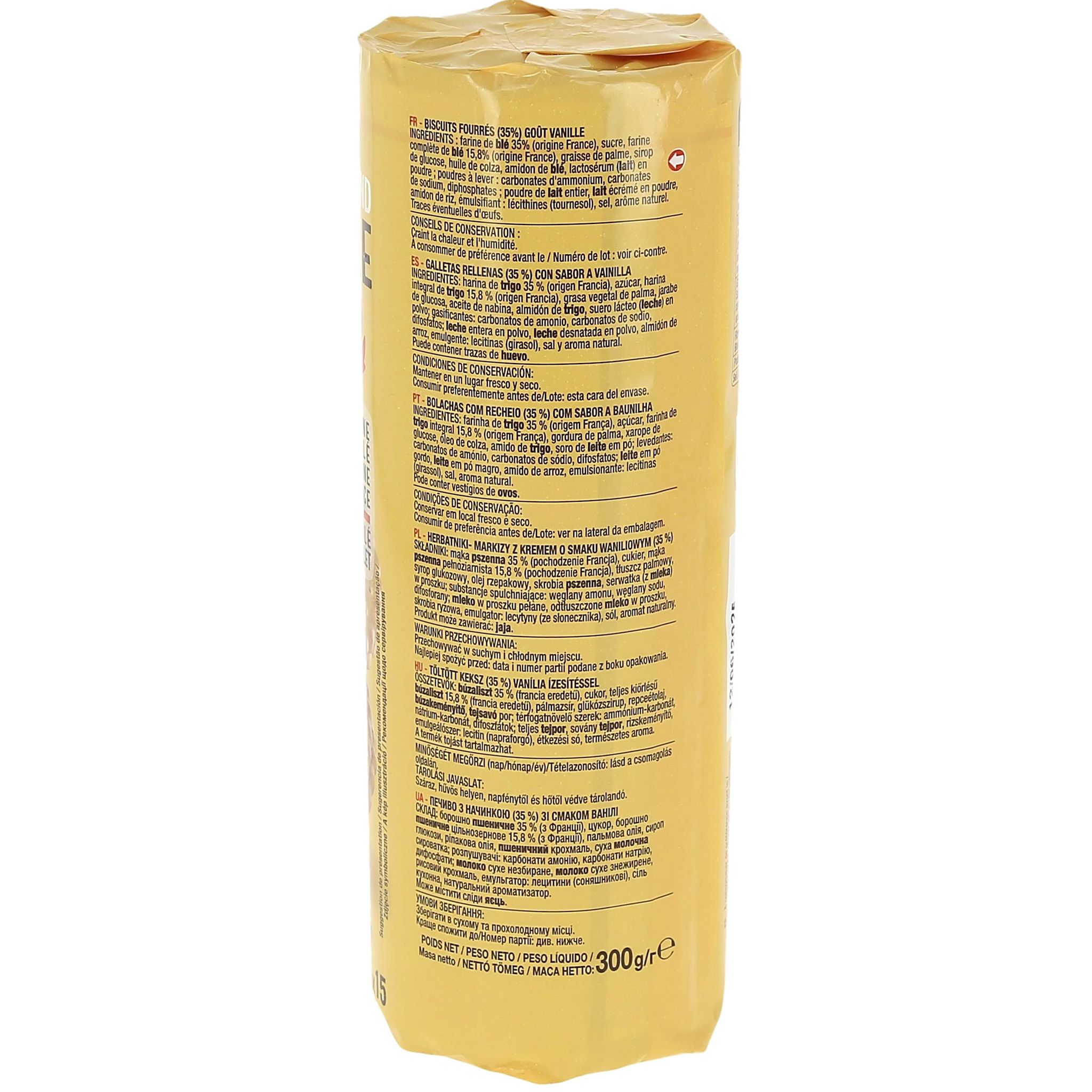 Voir la diapositive 3 : AUCHAN Mon goûter biscuits fourrés goût vanille au blé complet 15 biscuits 300g