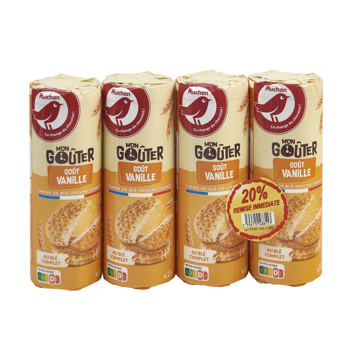 AUCHAN Mon goûter biscuits fourrés goût vanille 4x300g