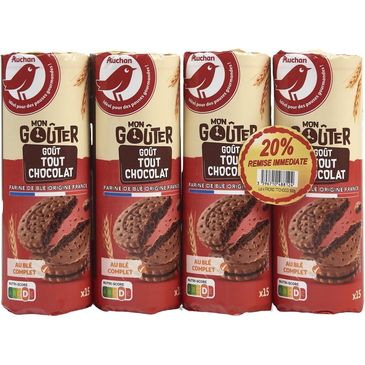 AUCHAN Biscuit fourré ronds goût tout chocolat 4x300g