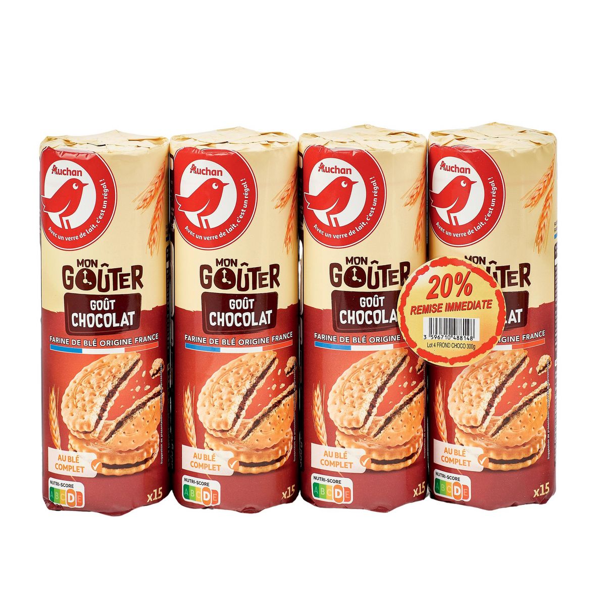 AUCHAN Biscuits fourrés ronds saveur chocolat 4x15 biscuits 4x300g
