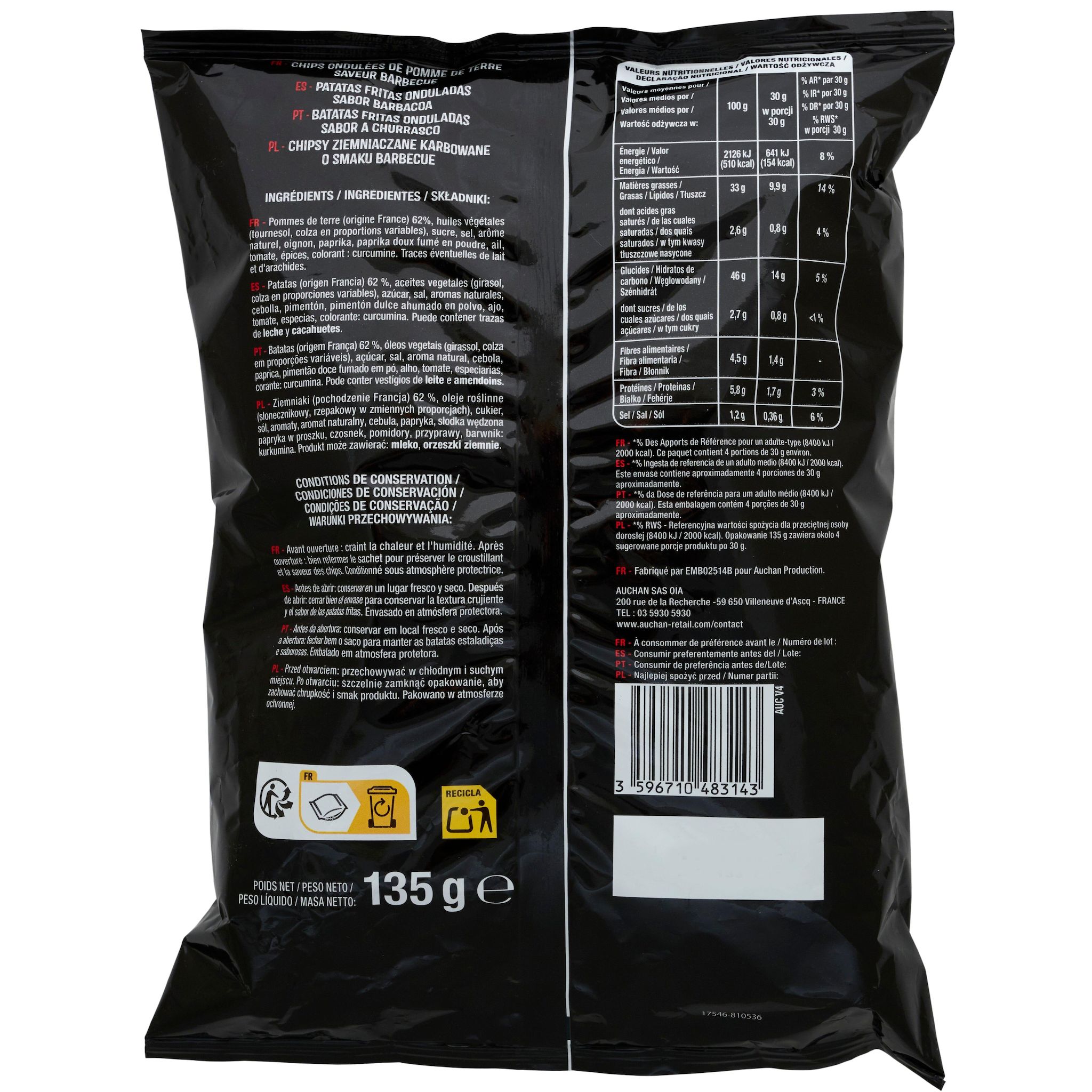 Voir la diapositive 2 : AUCHAN Chips ondulées saveur barbecue 135g
