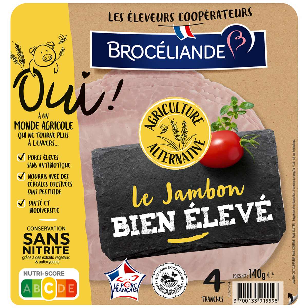 BROCELIANDE Le jambon gris bien élevé découenné sans nitrite 4 tranches 140g