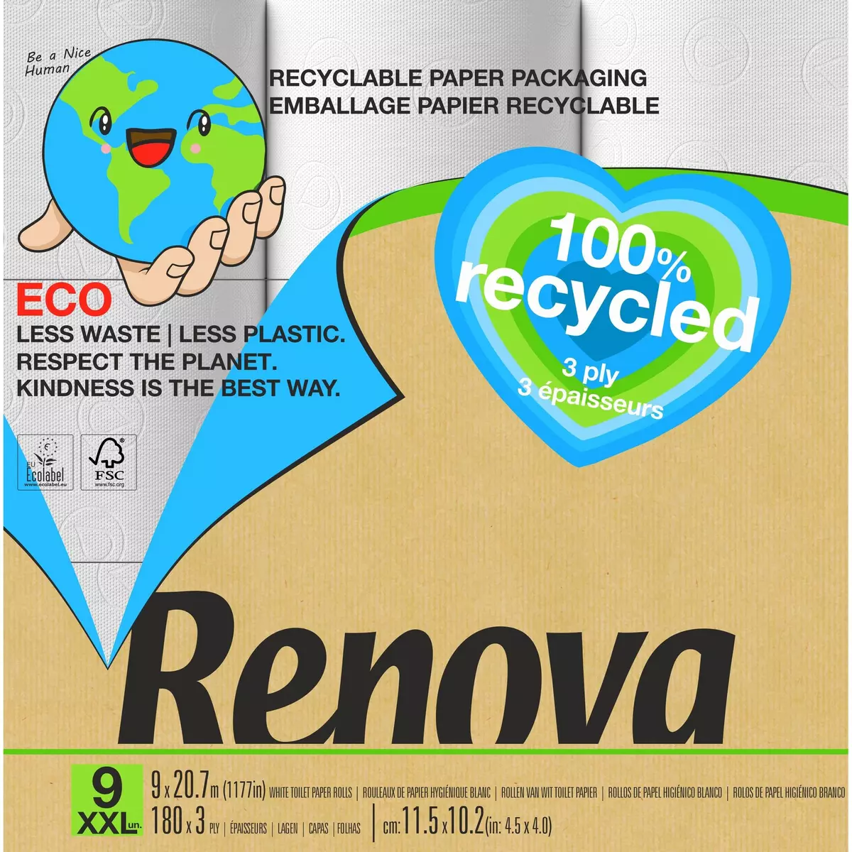 RENOVA Papier toilette blanc 100% recycled 9 rouleaux