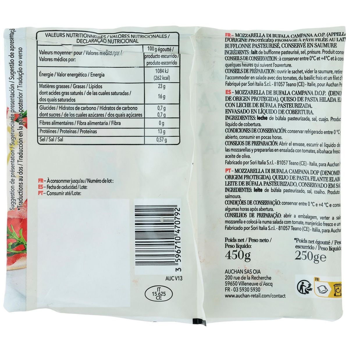 AUCHAN TAVOLA IN ITALIA Mozzarella di bufala Campana AOP 250g