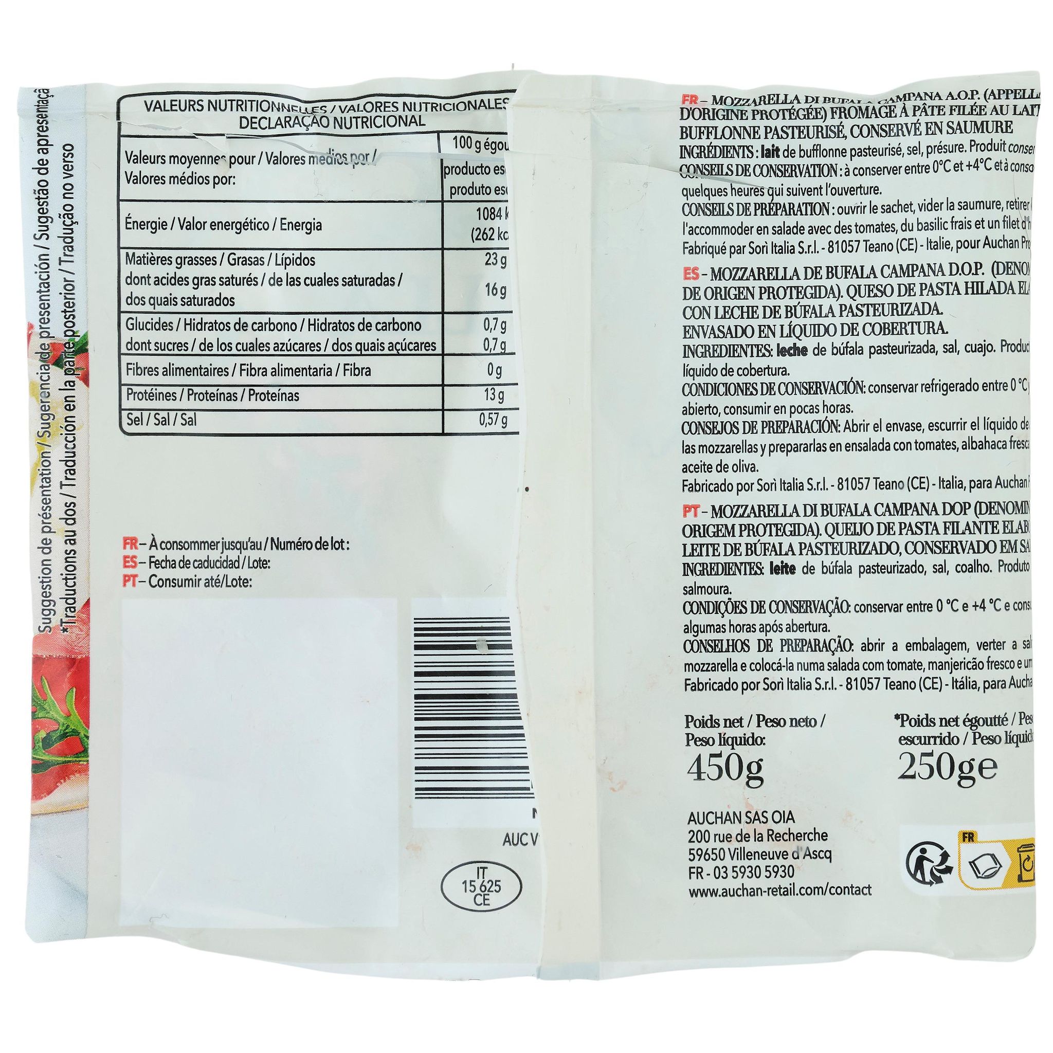 Voir la diapositive 2 : AUCHAN TAVOLA IN ITALIA Mozzarella di bufala Campana AOP 250g