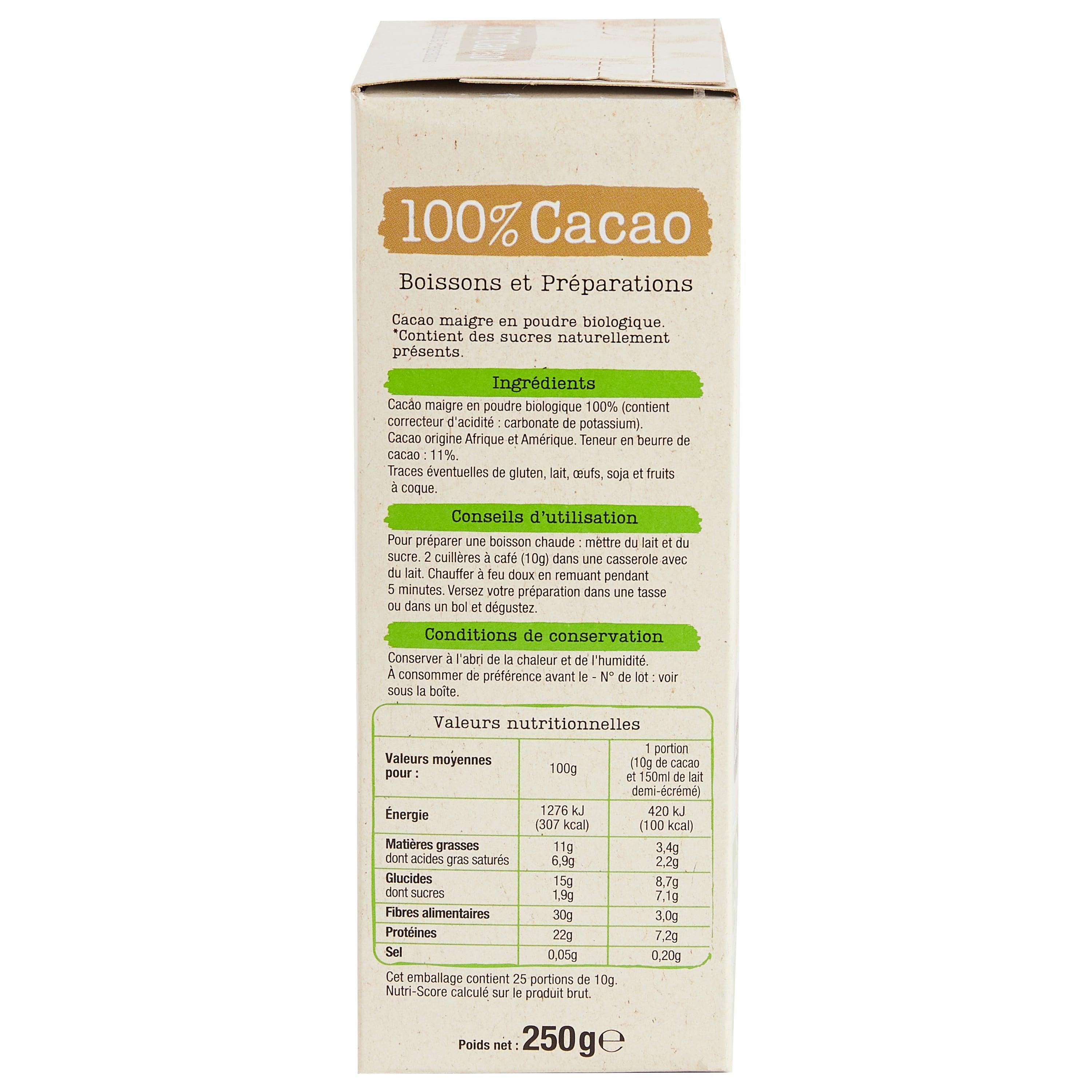 Voir la diapositive 2 : AUCHAN BIO Chocolat en poudre 100% cacao 250g