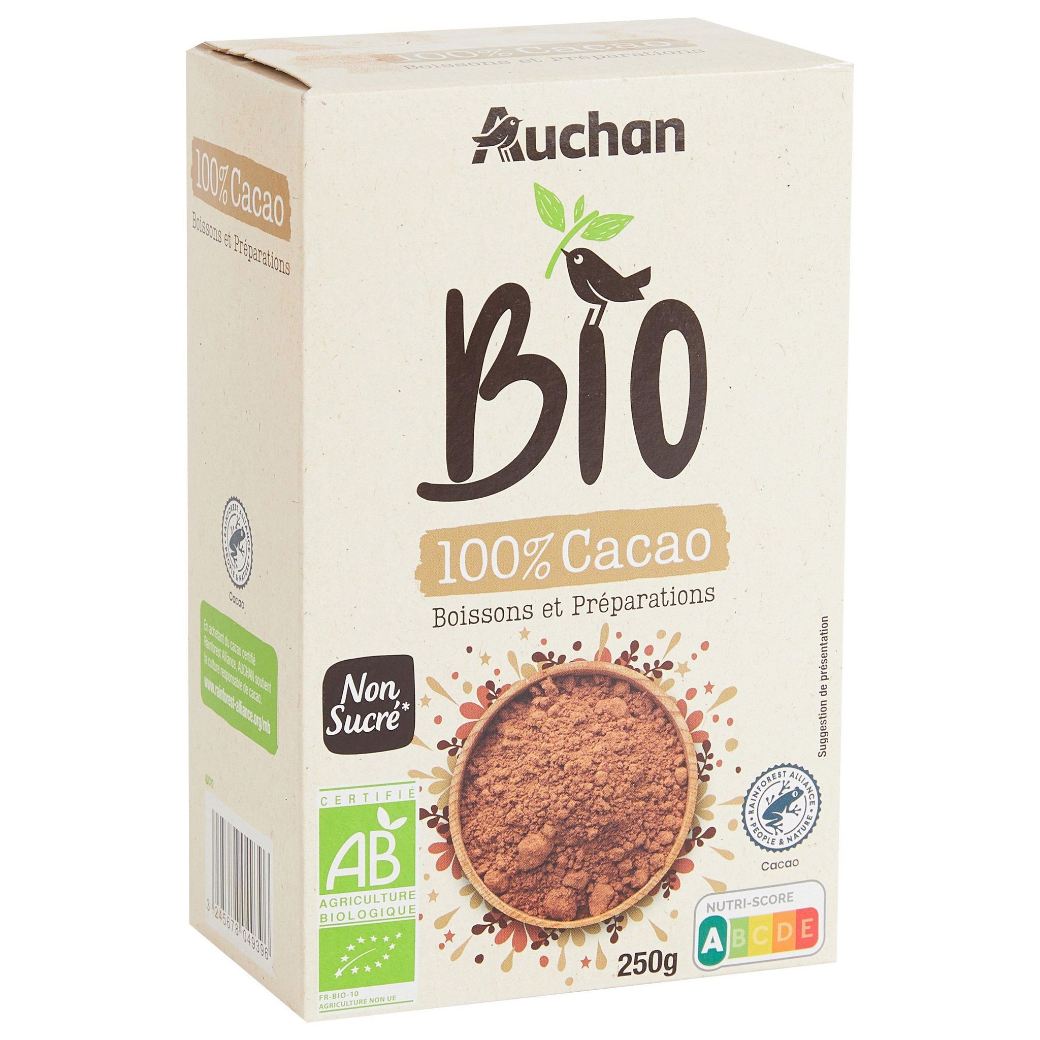 Voir la diapositive 4 : AUCHAN BIO Chocolat en poudre 100% cacao 250g