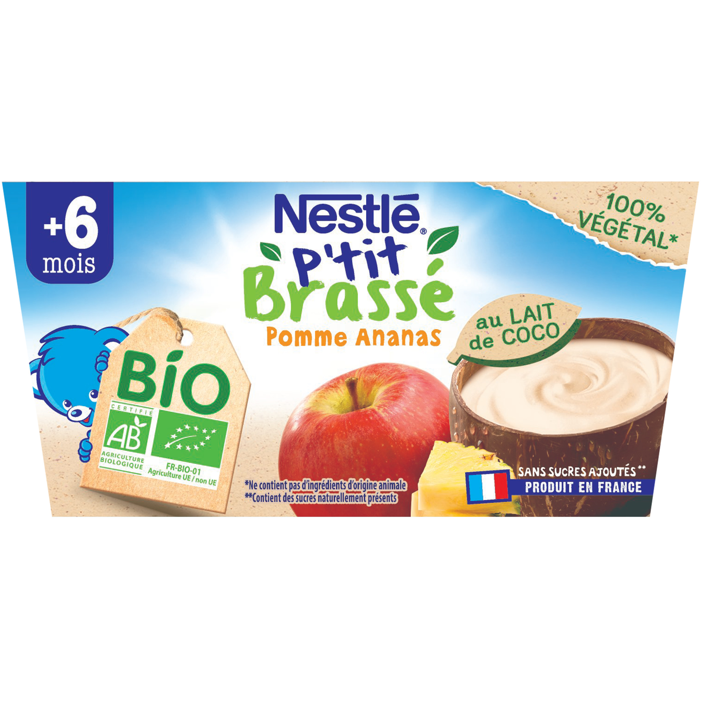 Voir la diapositive 2 : NESTLE P'tit brassé dessert lait de coco pomme ananas bio dès 6 mois 4x90g