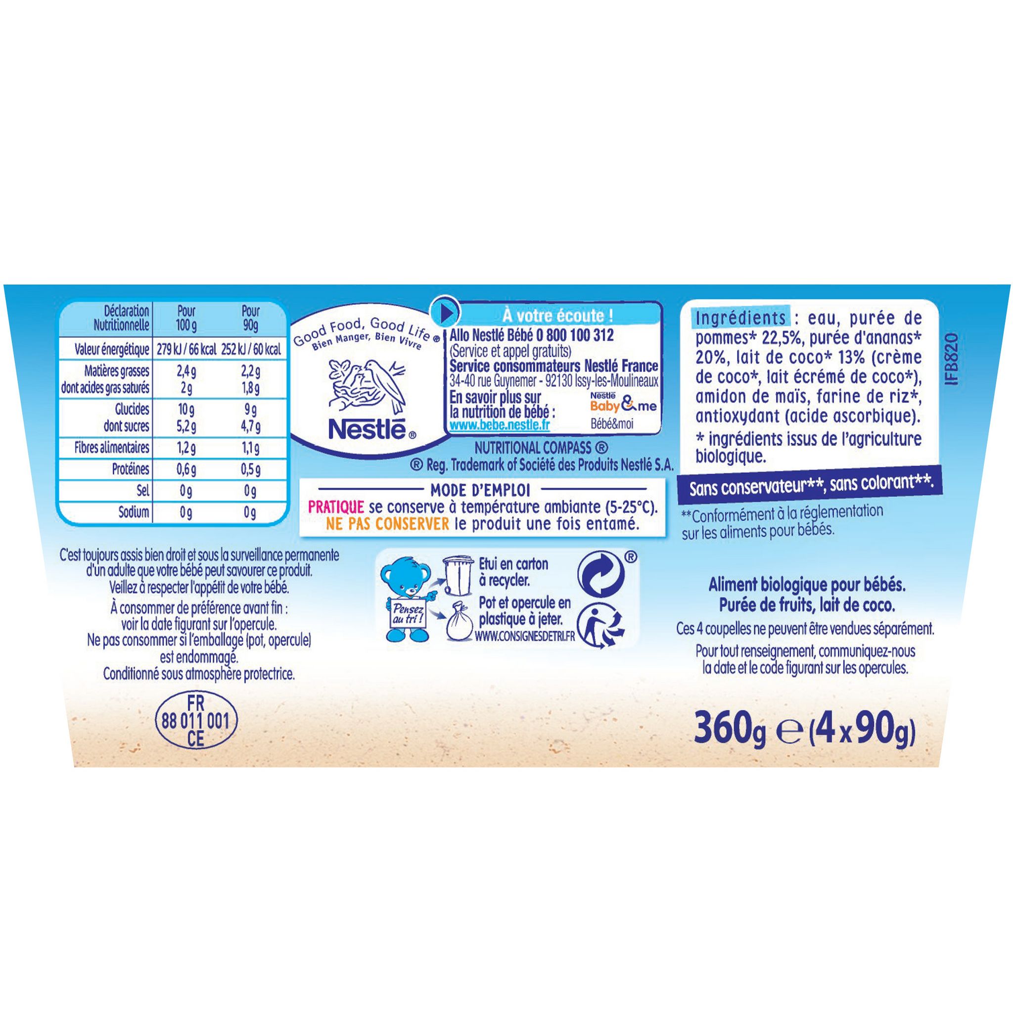 Voir la diapositive 3 : NESTLE P'tit brassé dessert lait de coco pomme ananas bio dès 6 mois 4x90g