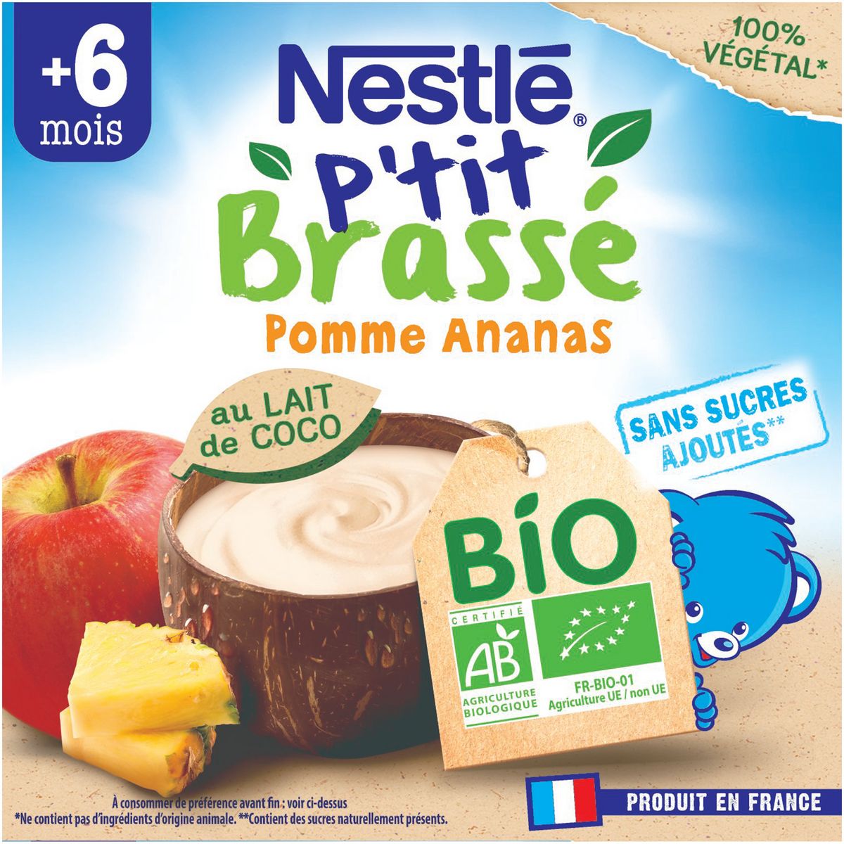 NESTLE P'tit brassé dessert lait de coco pomme ananas bio dès 6 mois 4x90g