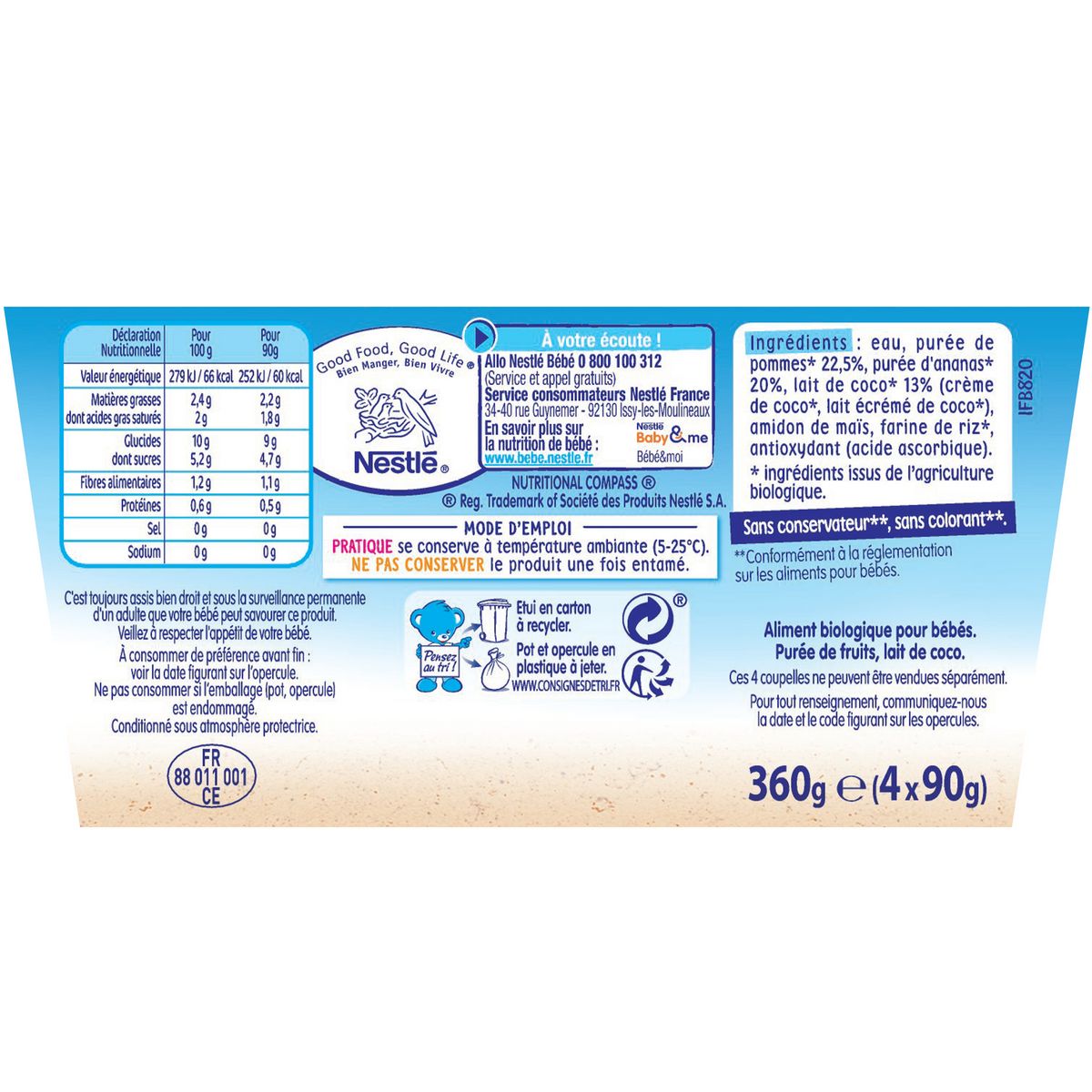 NESTLE P'tit brassé dessert lait de coco pomme ananas bio dès 6 mois 4x90g