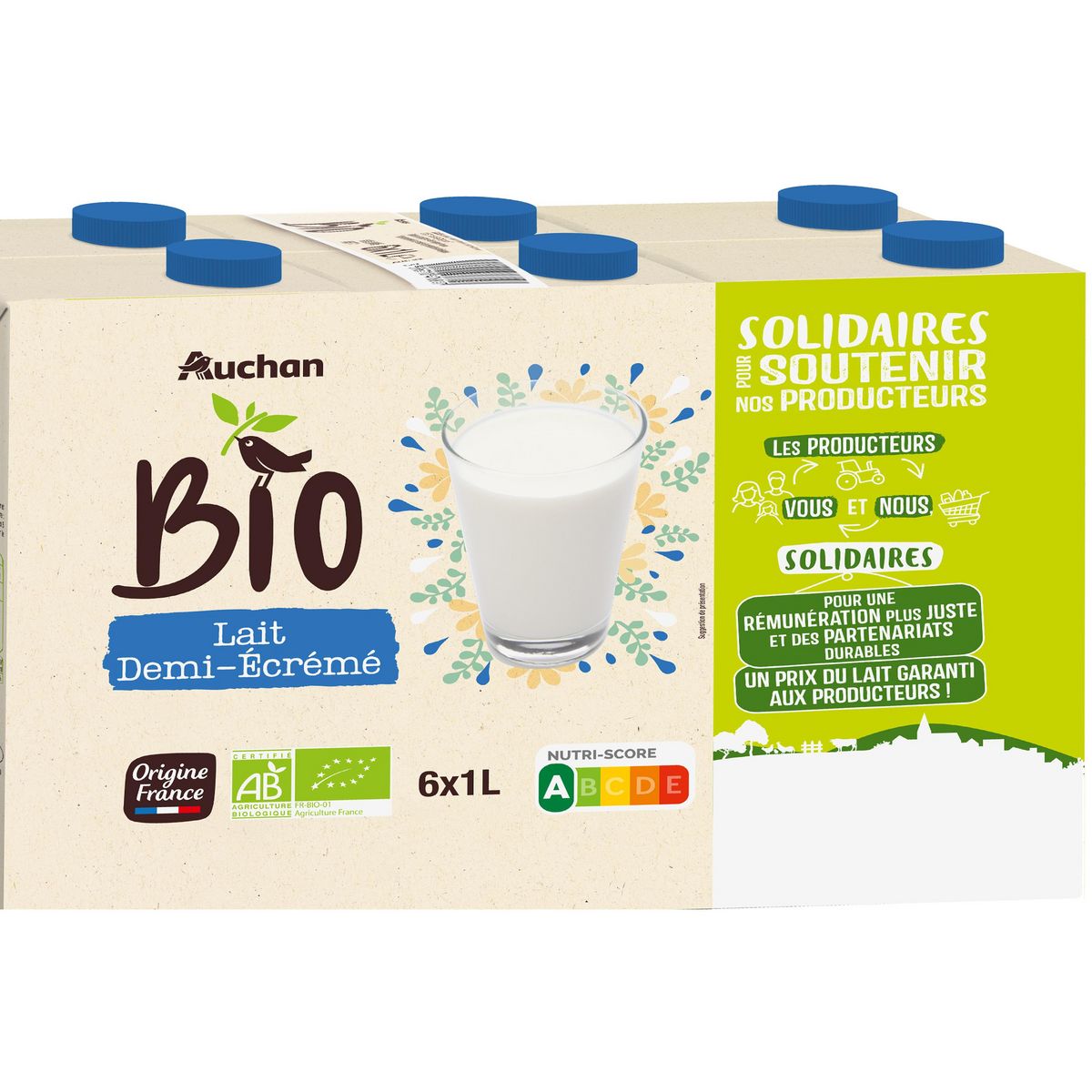 AUCHAN SOLIDAIRES BIO CULTIVONS LE BON Lait demi-écrémé UHT 6x1L