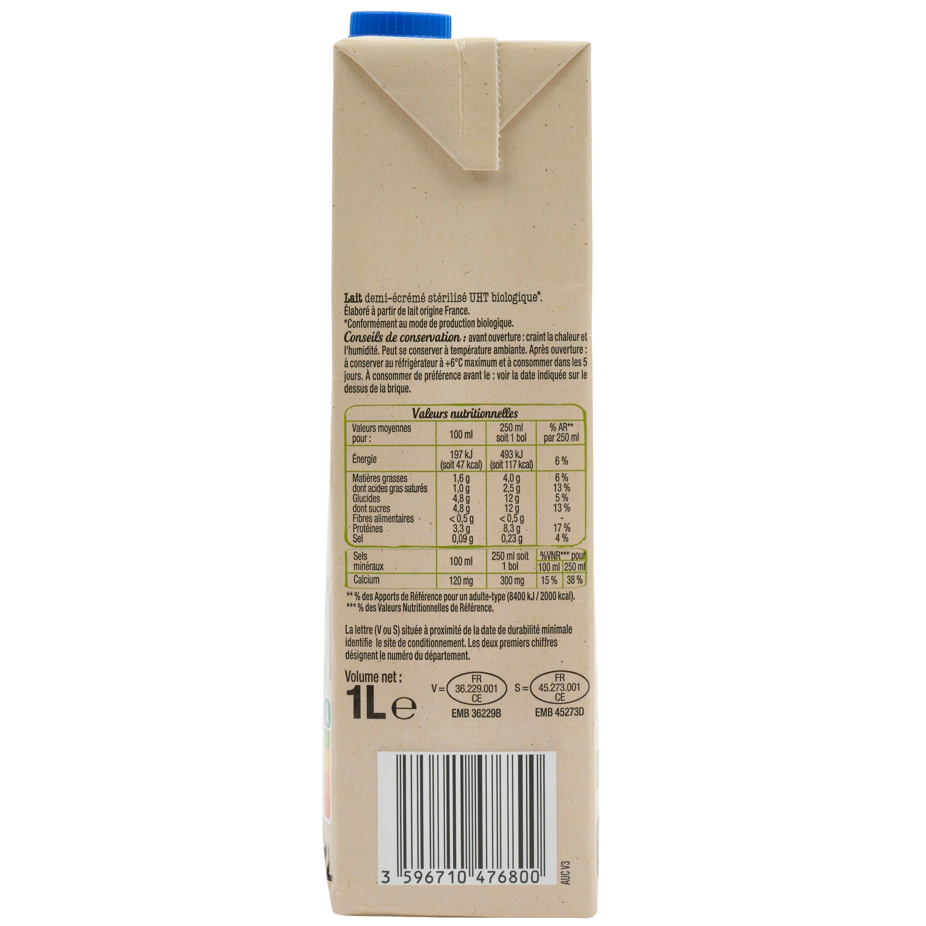 Voir la diapositive 2 : AUCHAN SOLIDAIRES BIO CULTIVONS LE BON Lait demi-écrémé UHT 1L