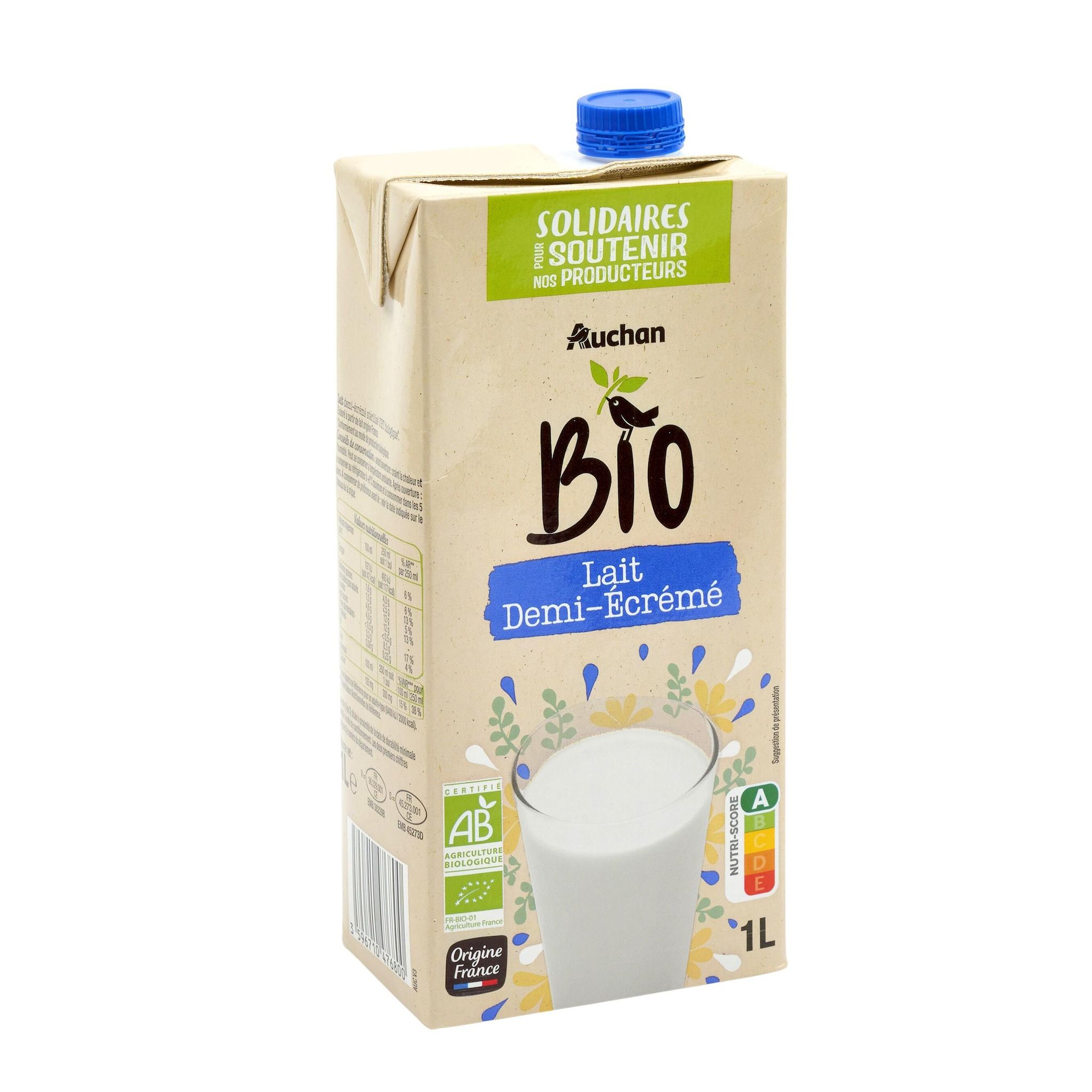 Voir la diapositive 4 : AUCHAN SOLIDAIRES BIO CULTIVONS LE BON Lait demi-écrémé UHT 1L