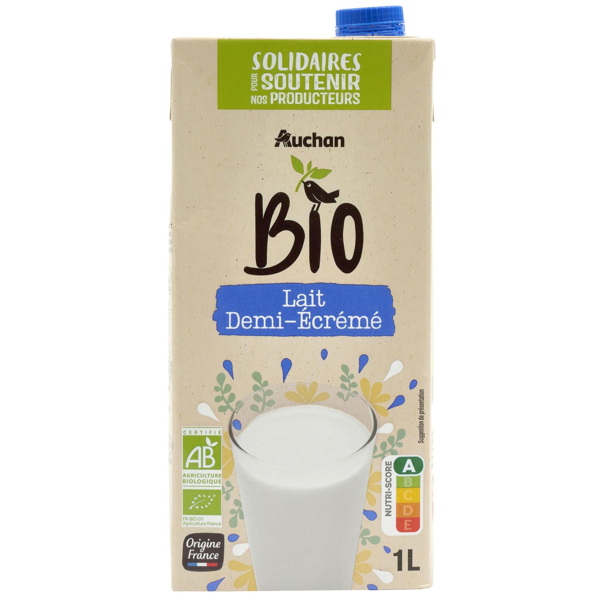 Voir la diapositive 3 : AUCHAN SOLIDAIRES BIO CULTIVONS LE BON Lait demi-écrémé UHT 1L