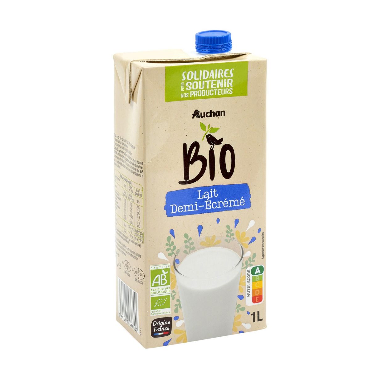 AUCHAN SOLIDAIRES BIO CULTIVONS LE BON Lait demi-écrémé UHT 1L