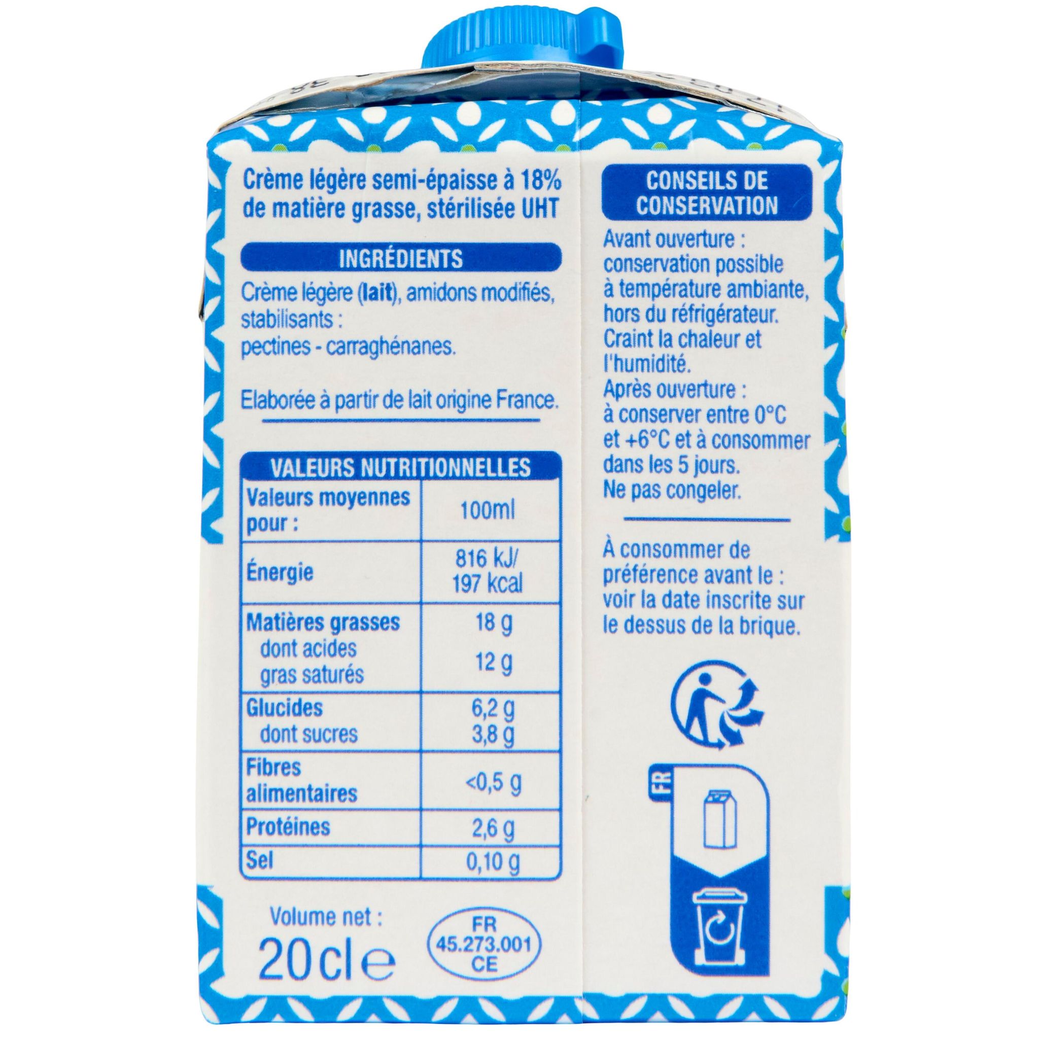 Voir la diapositive 2 : AUCHAN Crème légère semi-épaisse 18% MG UHT 3x20cl