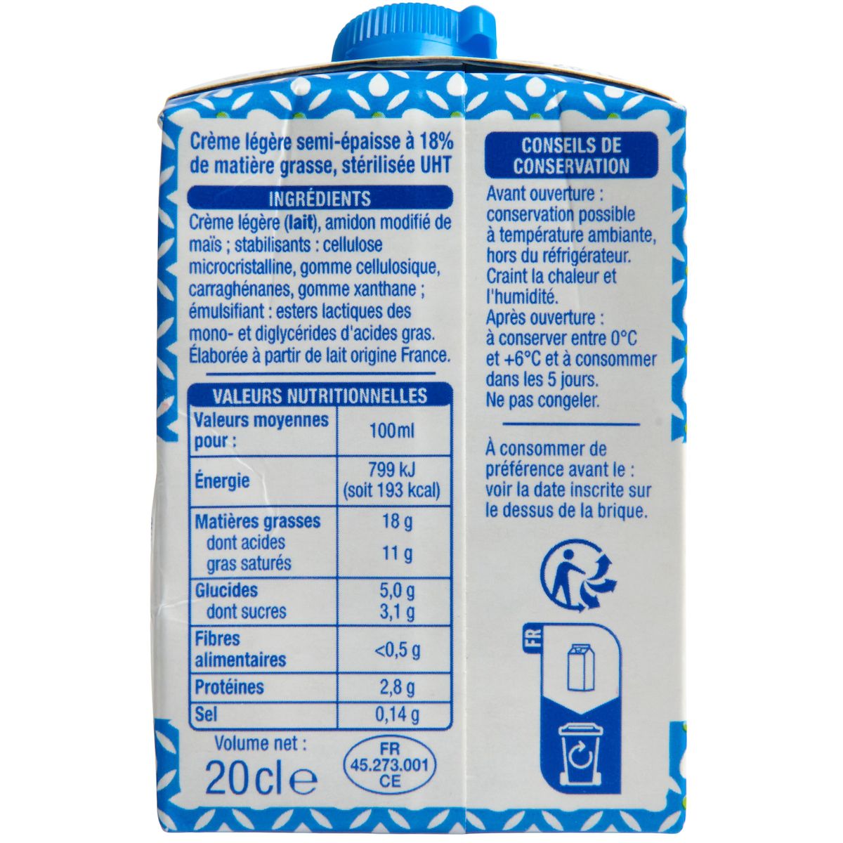 AUCHAN Crème légère semi-épaisse 18% MG UHT 3x20cl