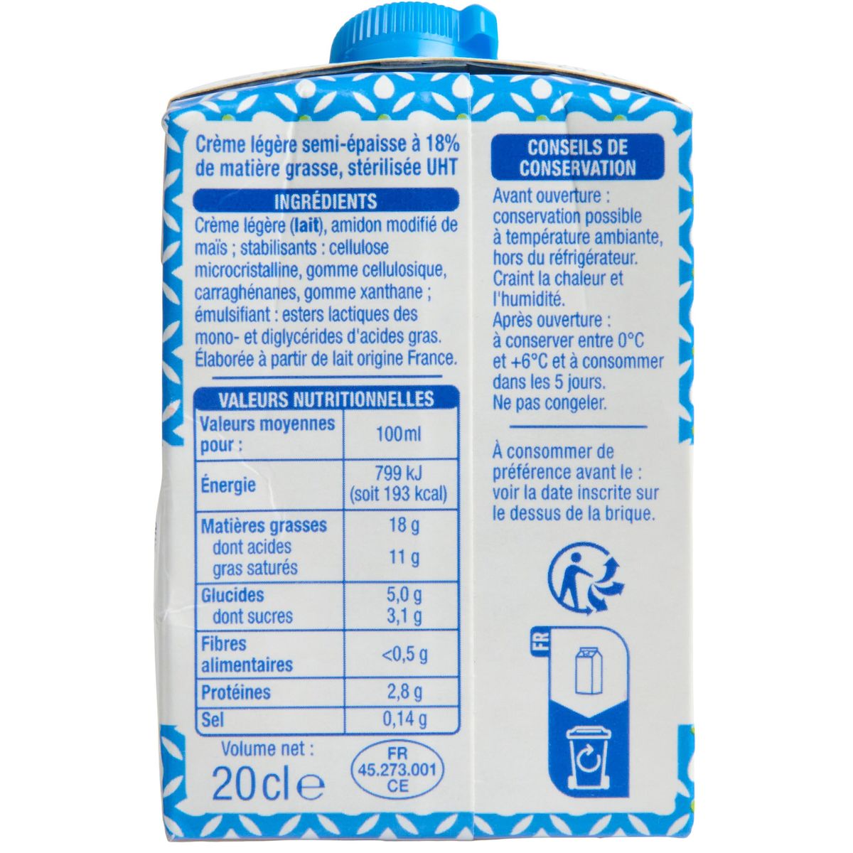 AUCHAN Crème légère semi épaisse 18%MG 20cl