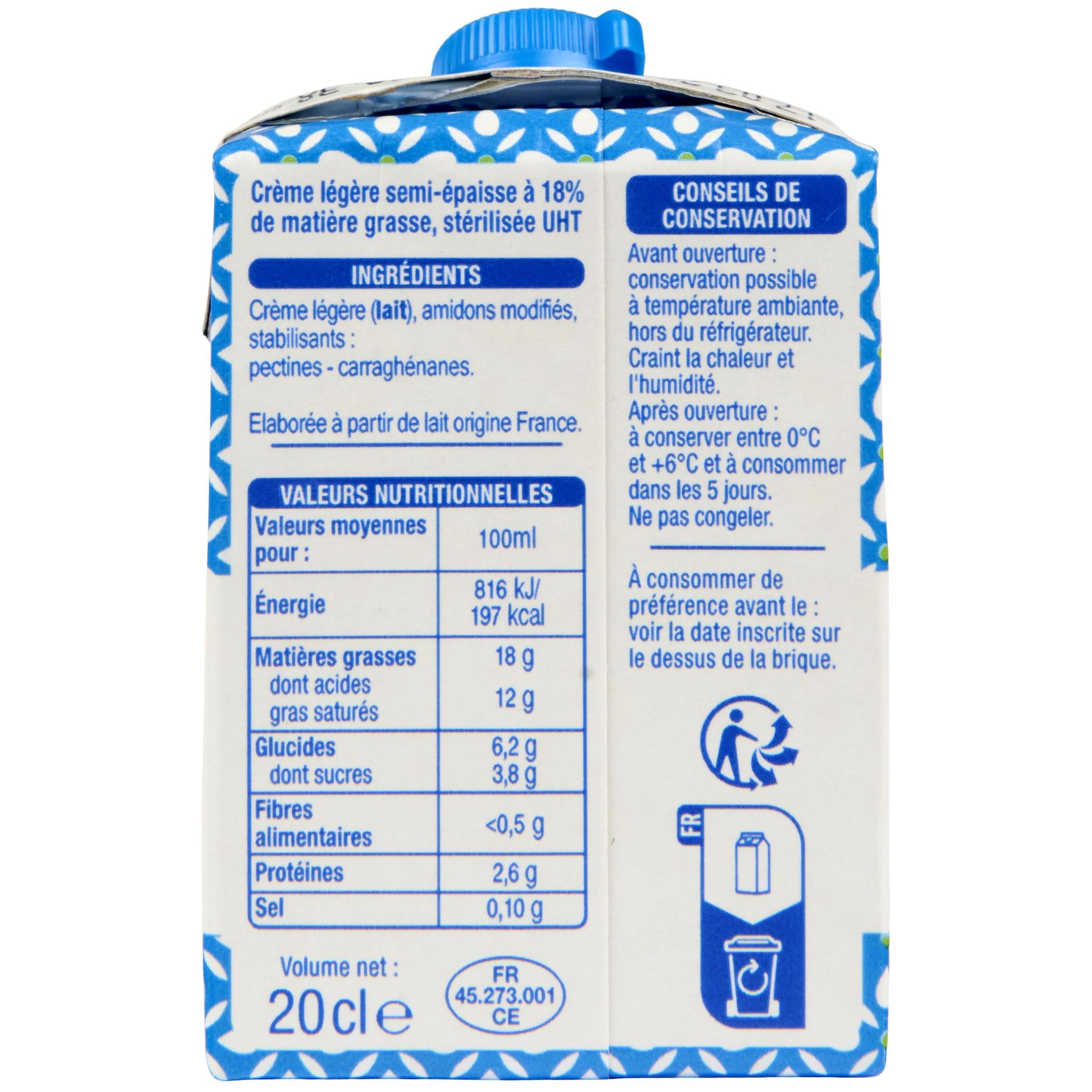 Voir la diapositive 2 : AUCHAN Crème légère semi épaisse 18%MG 20cl