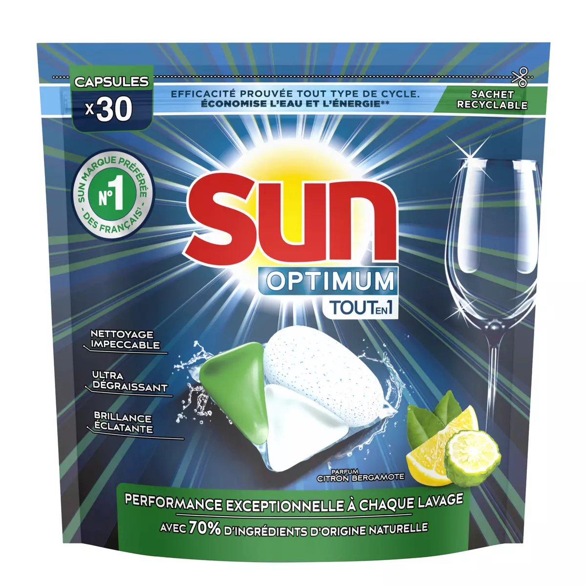 SUN Optimum capsules lave vaisselle tout en 1 Citron Bergamote 30 capsules