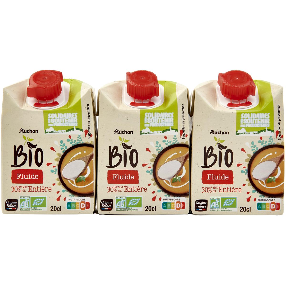 AUCHAN BIO CULTIVONS LE BON Crème fluide entière 30% MG UHT 3x20cl