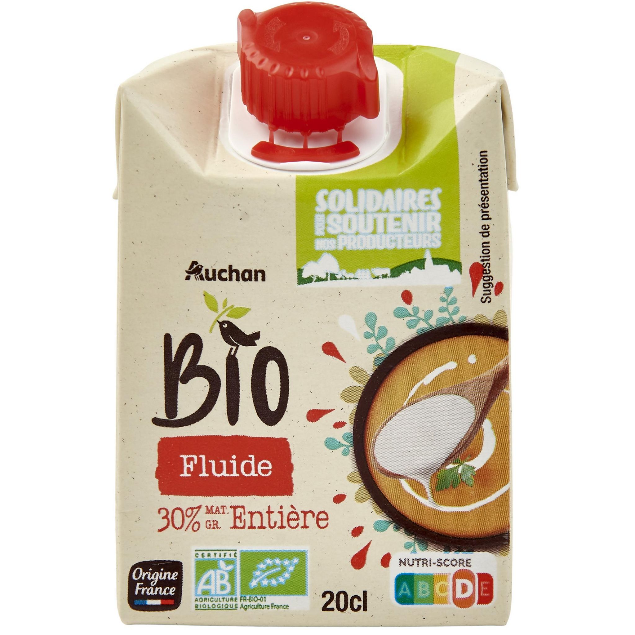 AUCHAN BIO CULTIVONS LE BON Crème fluide entière 30% MG bio 20cl