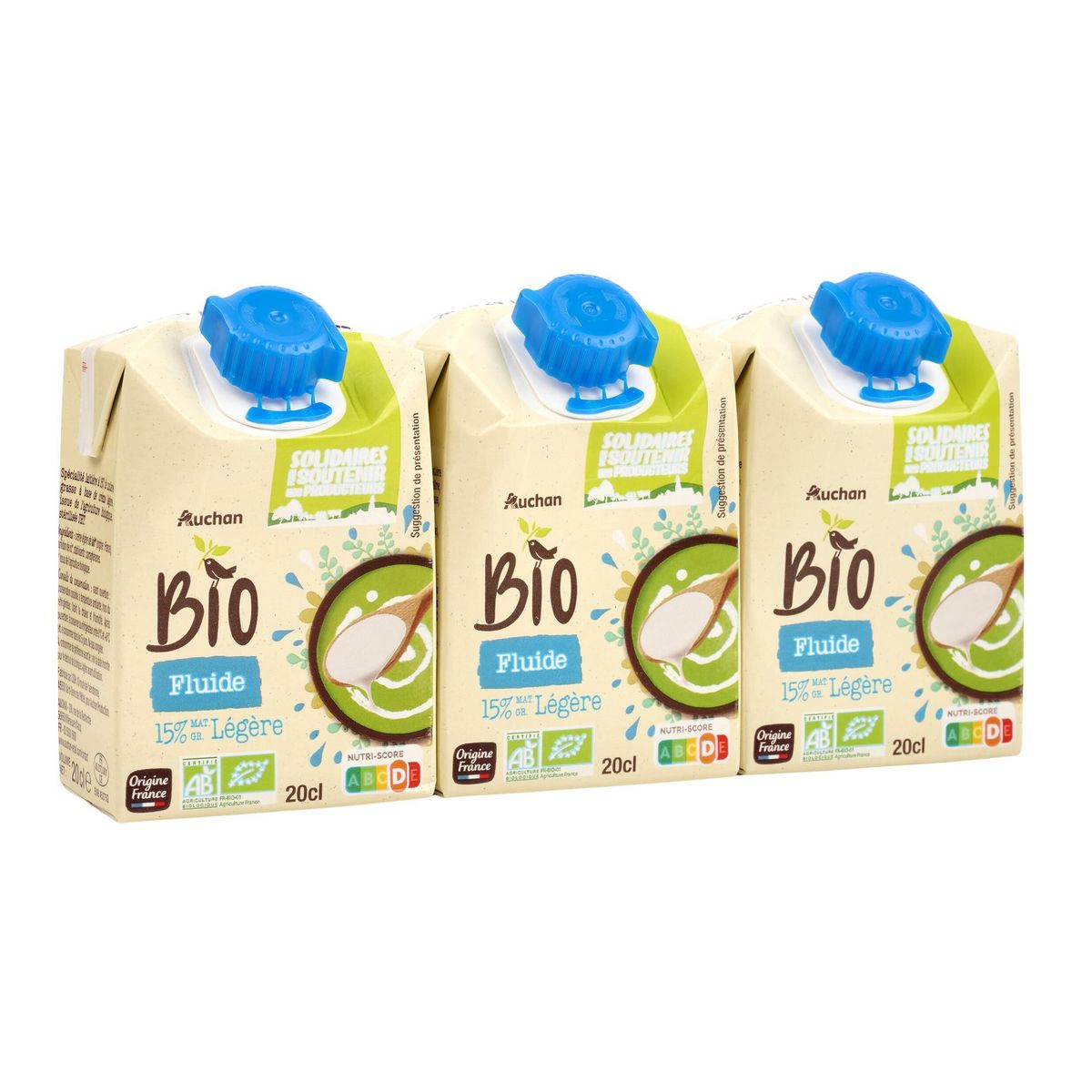 AUCHAN BIO CULTIVONS LE BON Crème fluide légère 15% MG UHT 3x20cl