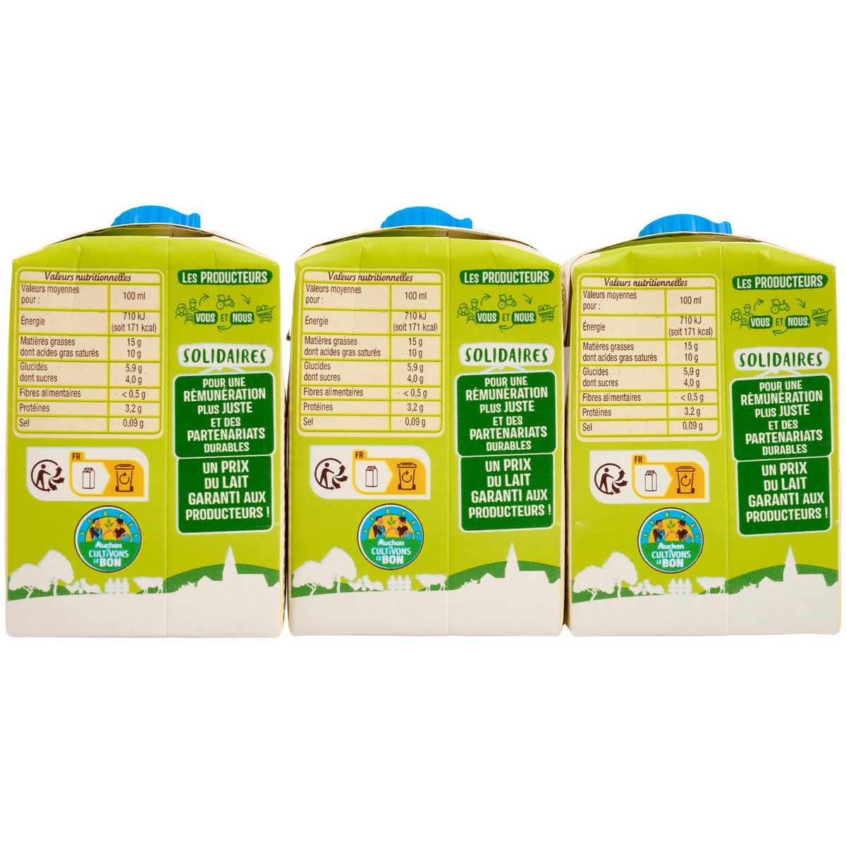 AUCHAN BIO CULTIVONS LE BON Crème fluide légère 15% MG UHT 3x20cl