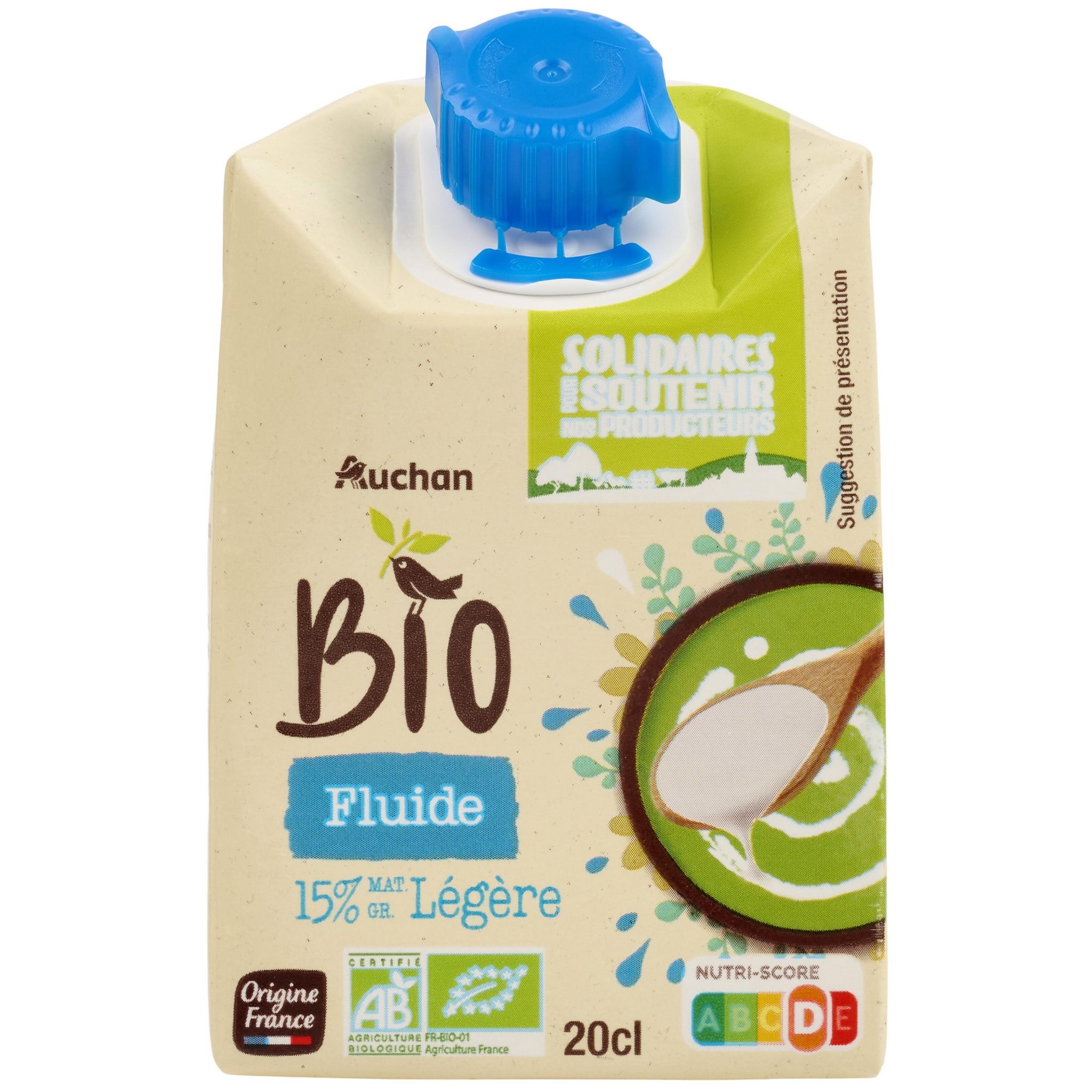 AUCHAN BIO CULTIVONS LE BON Crème fluide légère 15% MG bio 20cl