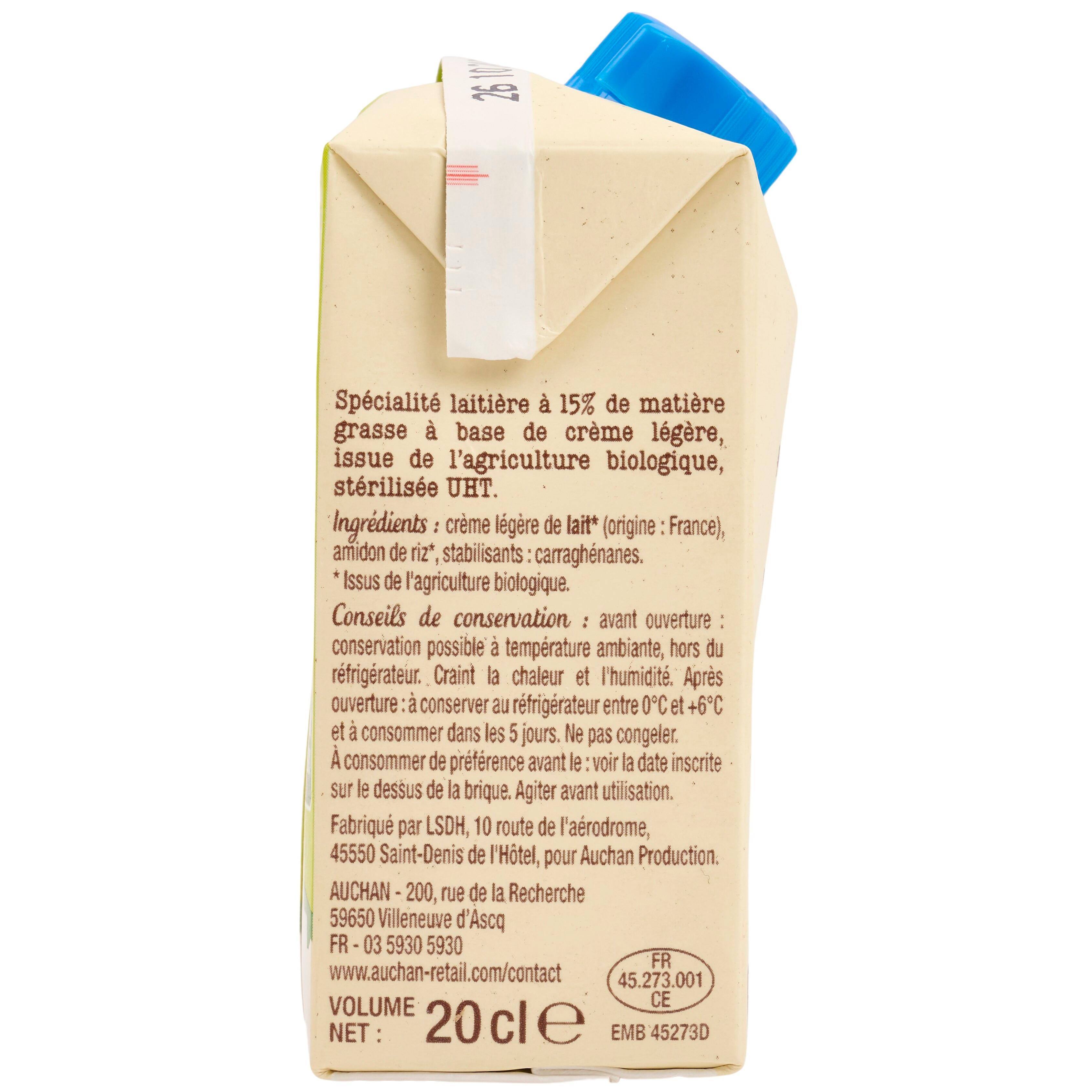 Voir la diapositive 2 : AUCHAN BIO CULTIVONS LE BON Crème fluide légère 15% MG bio 20cl