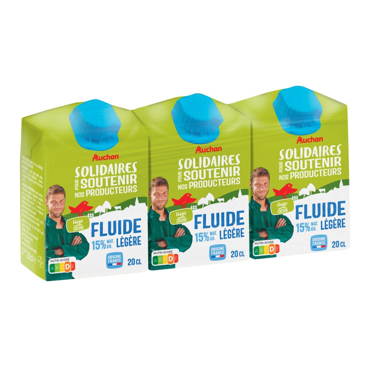 AUCHAN SOLIDAIRES CULTIVONS LE BON Crème fluide légère 15% MG UHT 3x20cl