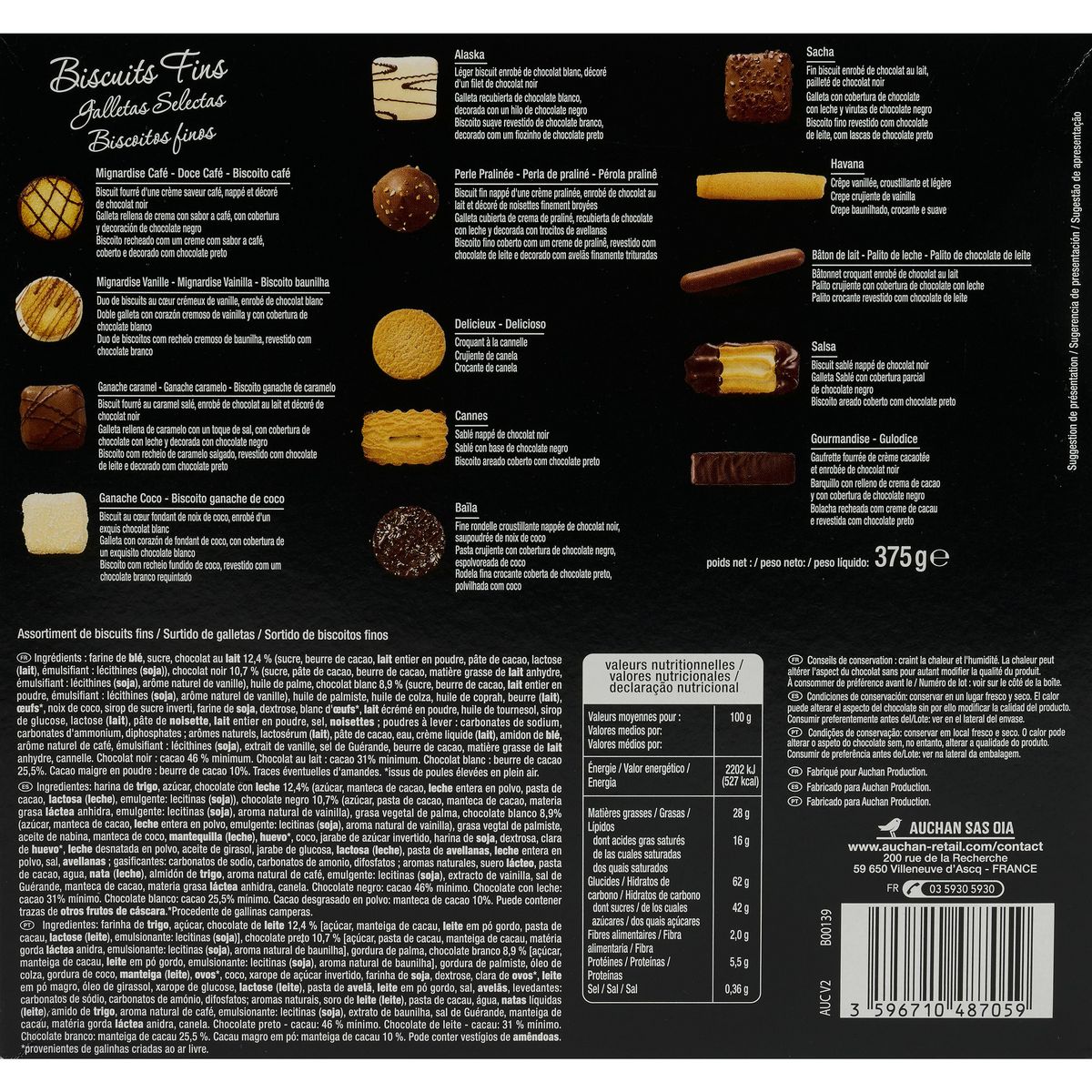 VENDOME Assortiment de biscuits fins au chocolat 40 pièces 375g