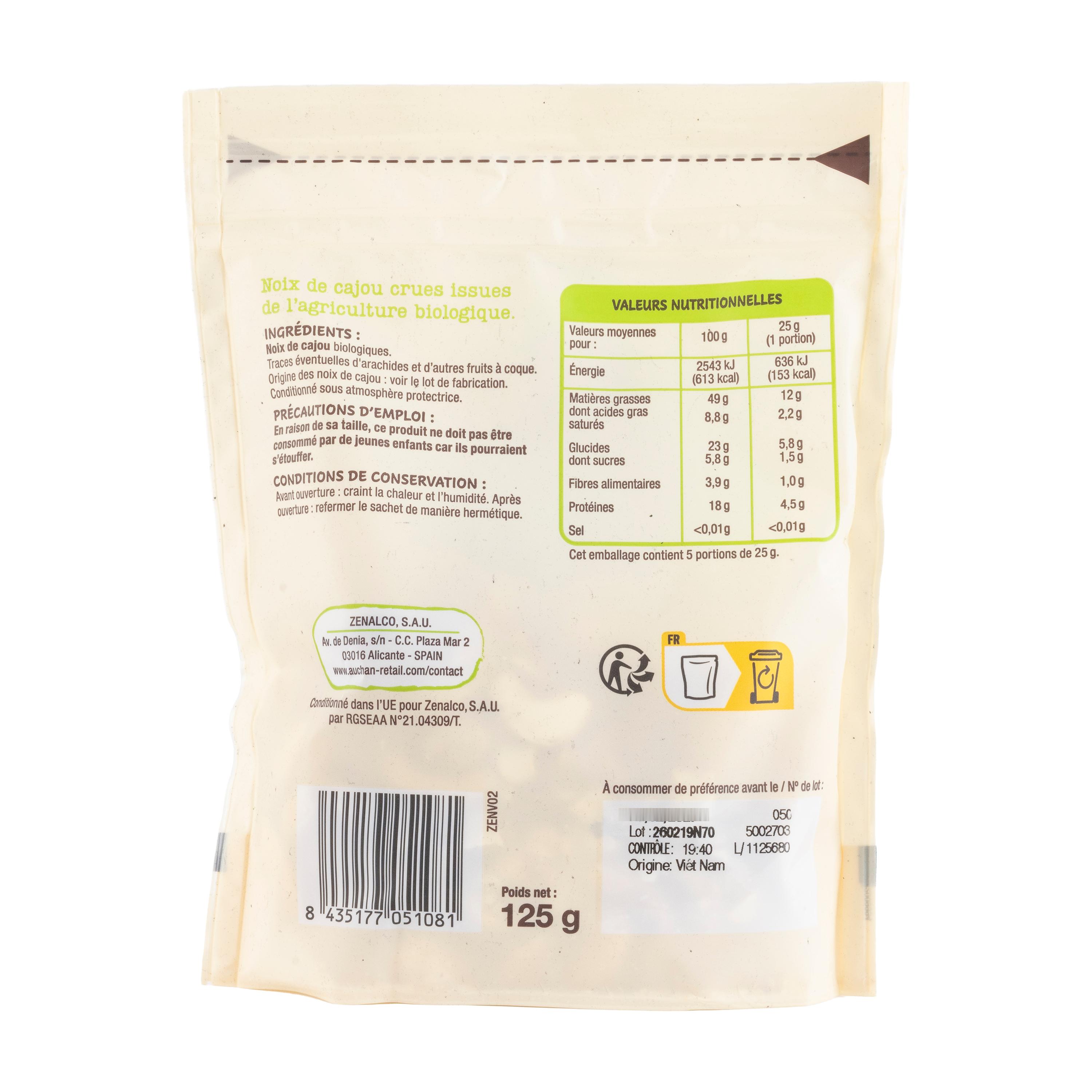 Voir la diapositive 2 : AUCHAN BIO Noix de cajou crues 125g