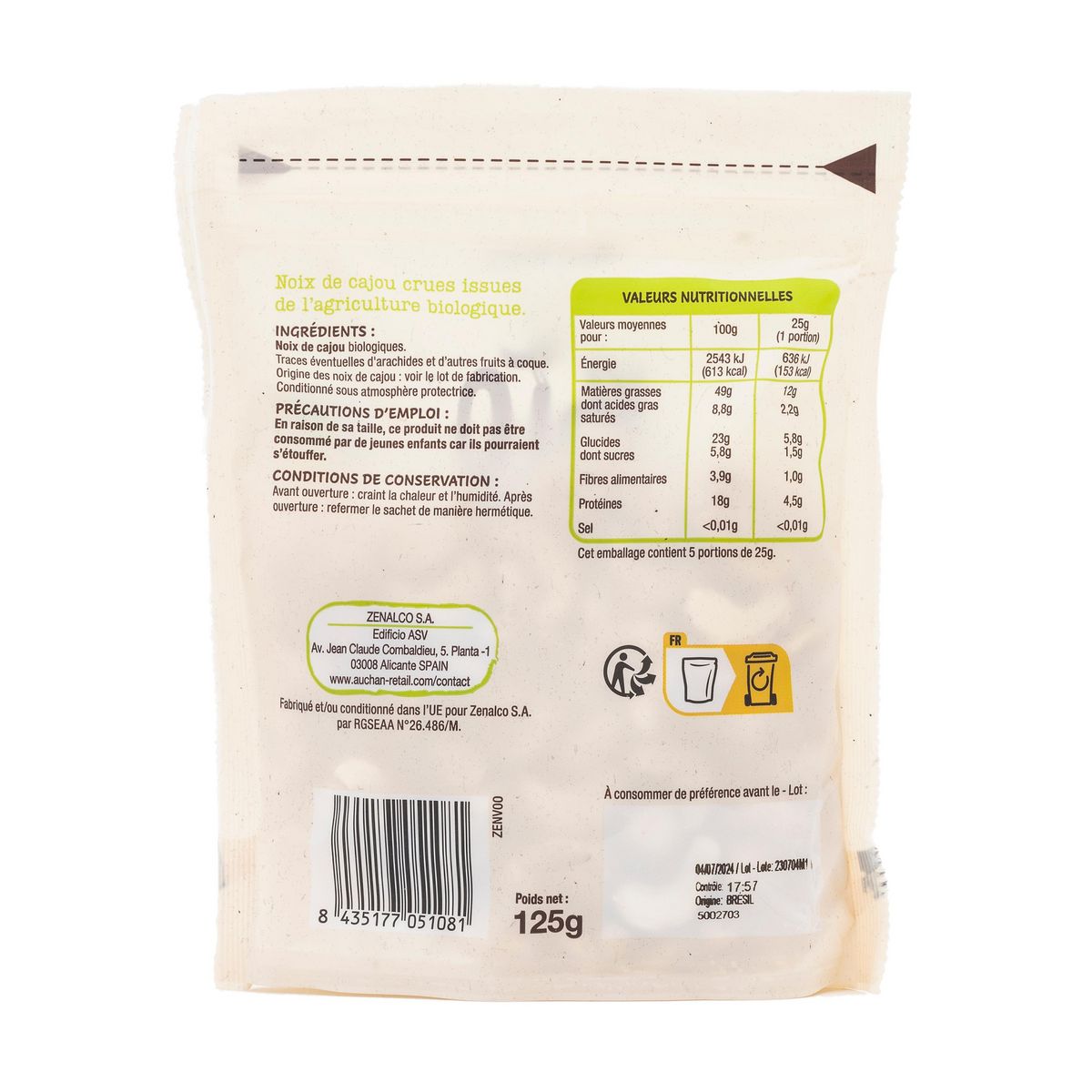 AUCHAN BIO Noix de cajou naturelles 125g