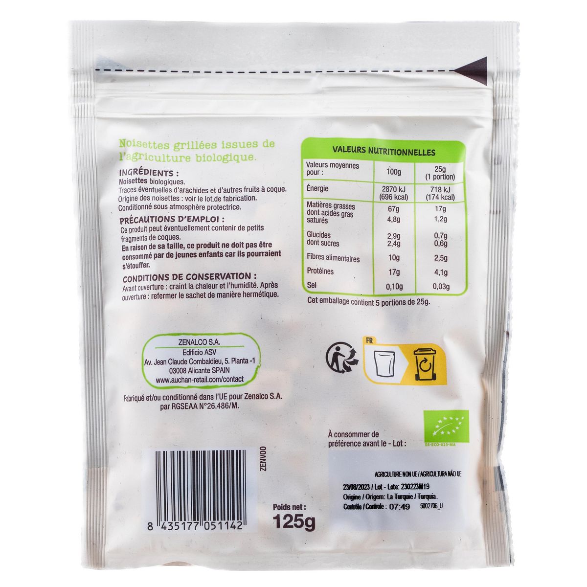 AUCHAN BIO Noisettes grillées 125g