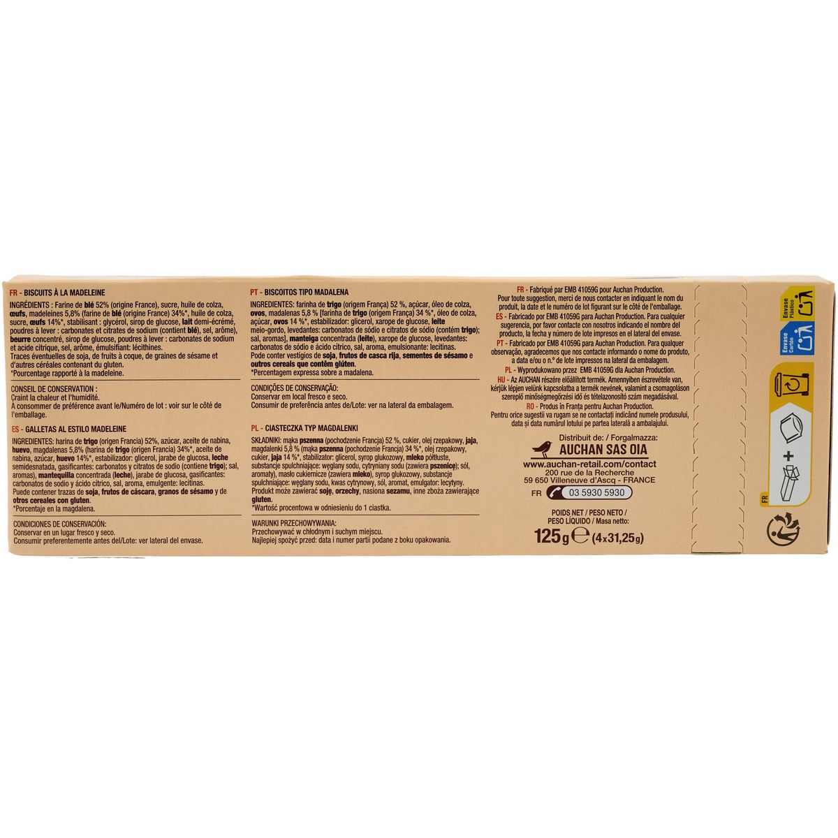 AUCHAN Palets biscuits recette à la madeleine sachets fraîcheur 8 biscuits 125g