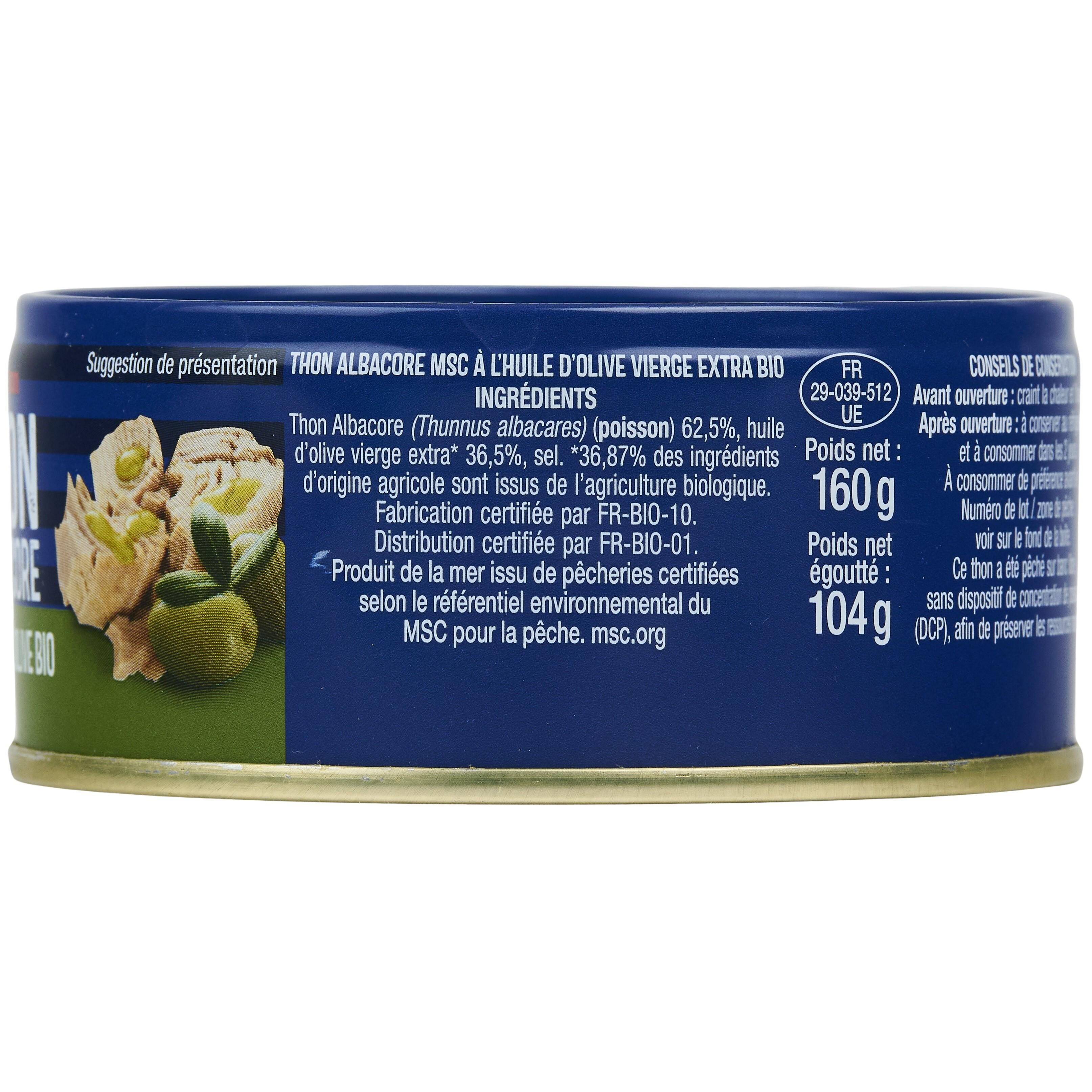 Voir la diapositive 3 : AUCHAN Thon albacore MSC à l'huile d olive vierge extra bio 160g