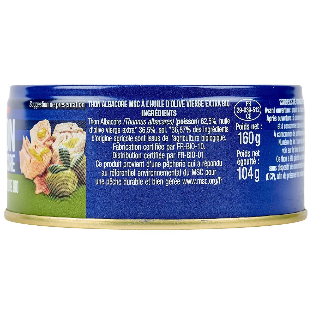 AUCHAN Thon albacore MSC à l'huile d olive vierge extra bio 160g