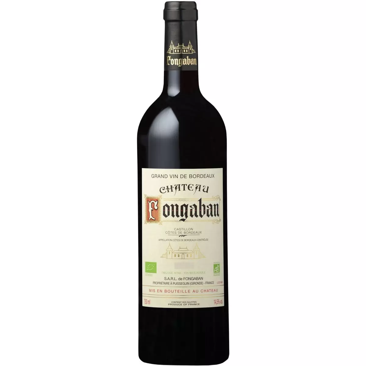 Vin rouge AOP Castillon Côtes de Bordeaux Château Fongaban bio 2018 75cl