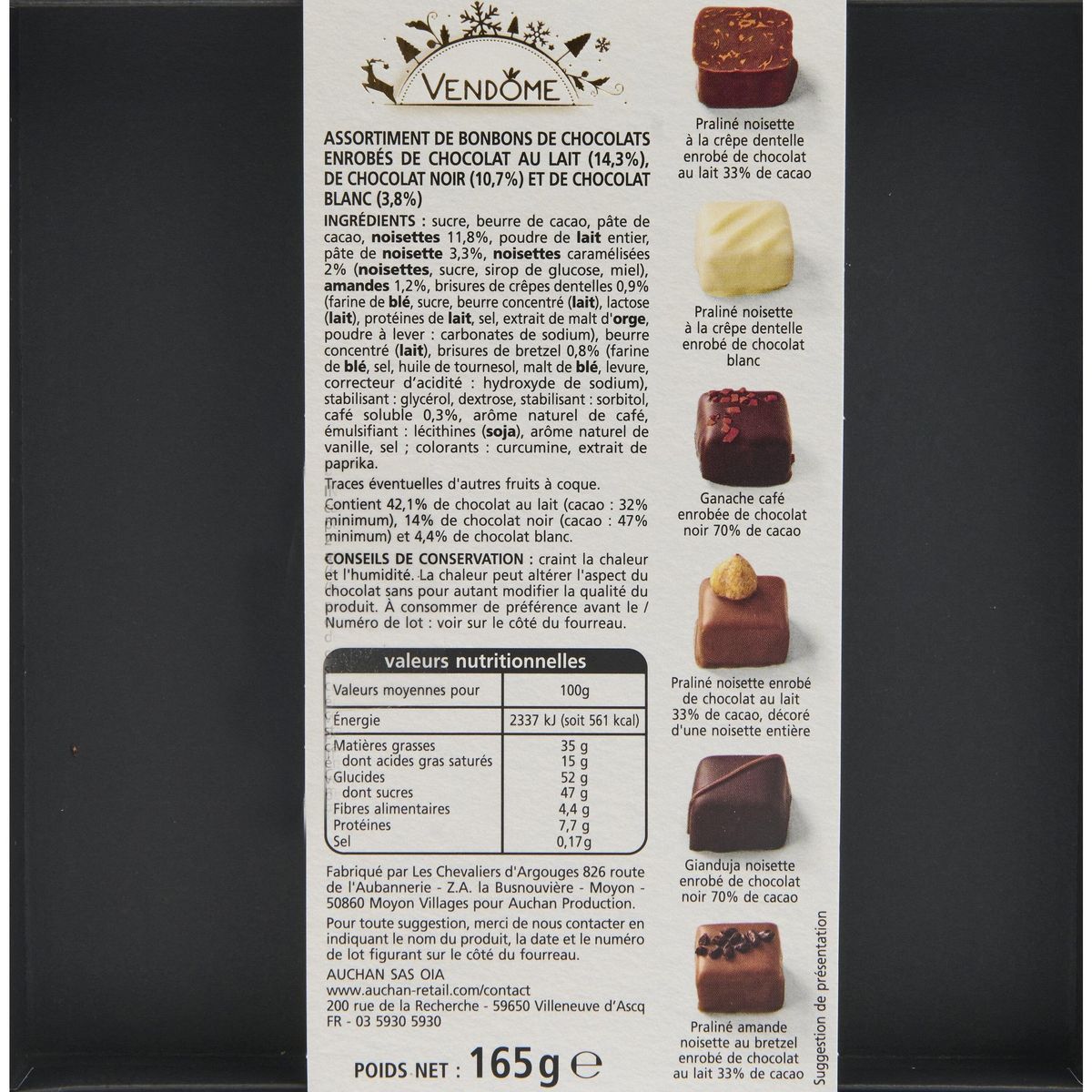 VENDOME Sélection assortiment de chocolats 6 variétés 16 pièces 165g