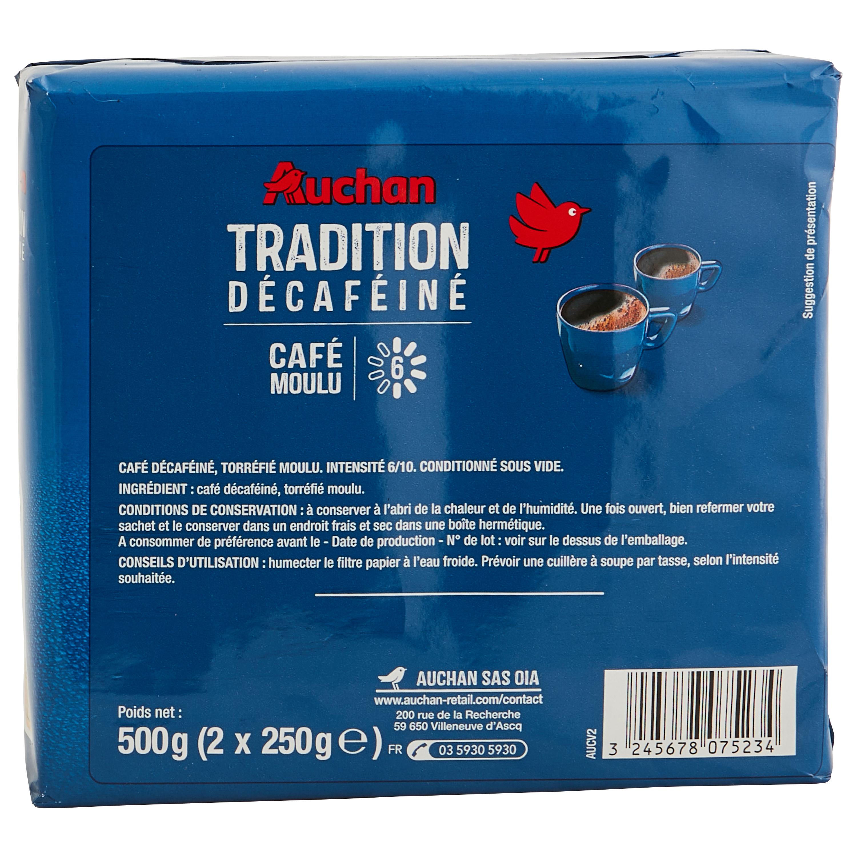 Voir la diapositive 2 : AUCHAN Café moulu tradition décaféiné intensité 6 2x250g