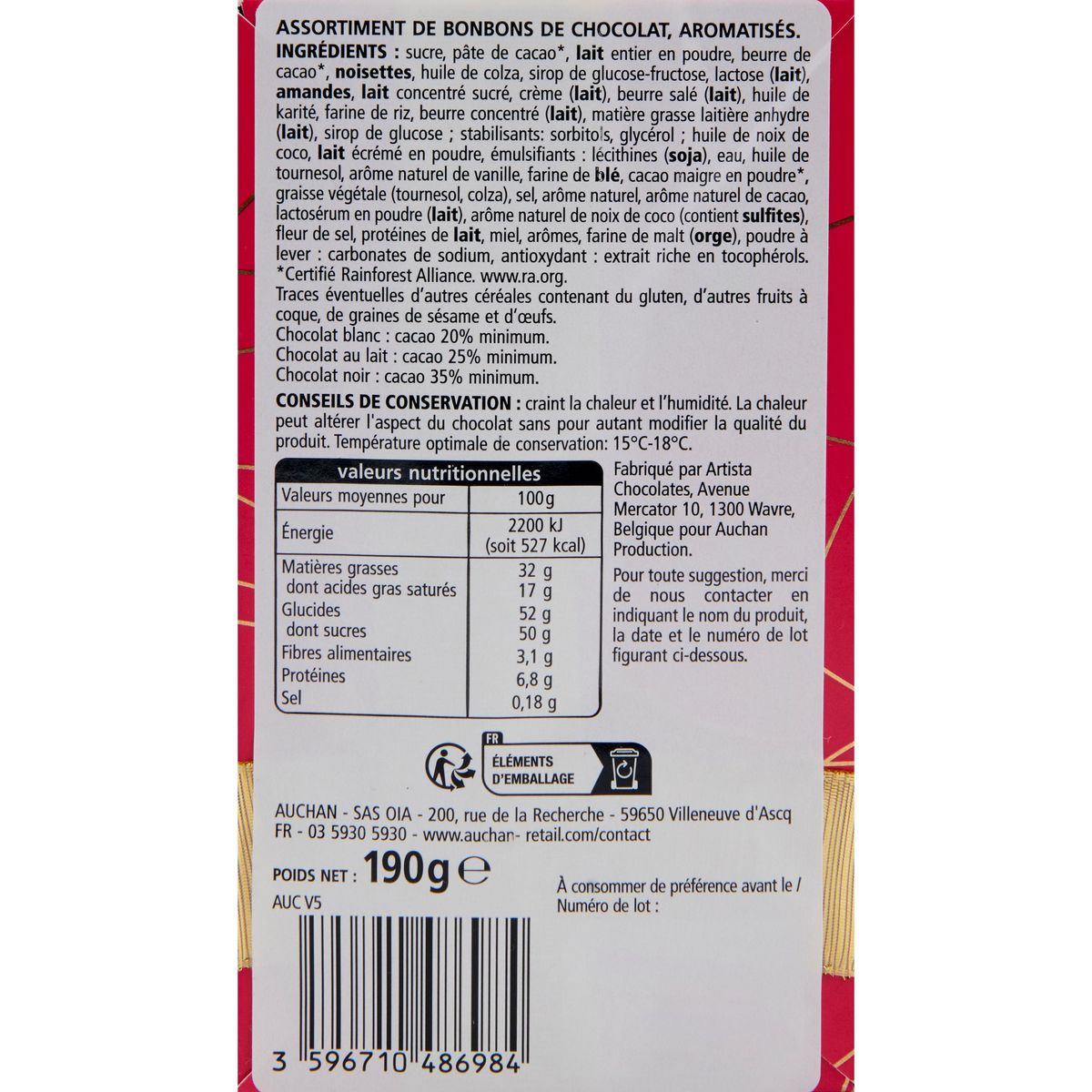 VENDOME Assortiment de chocolats belges en ballotin 14 pièces 190g