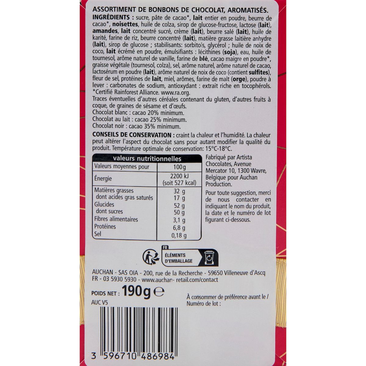 VENDOME Assortiment de chocolats belges en ballotin 14 pièces 190g