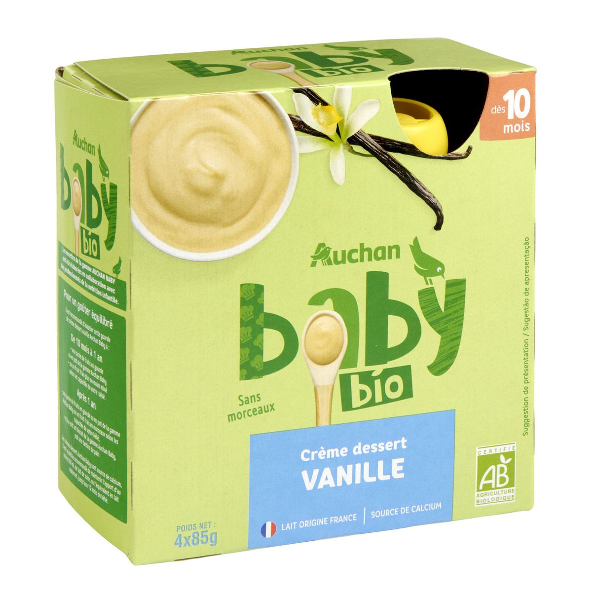 AUCHAN BABY BIO Gourde dessert lacté à la vanille bio dès 10 mois 4x85g
