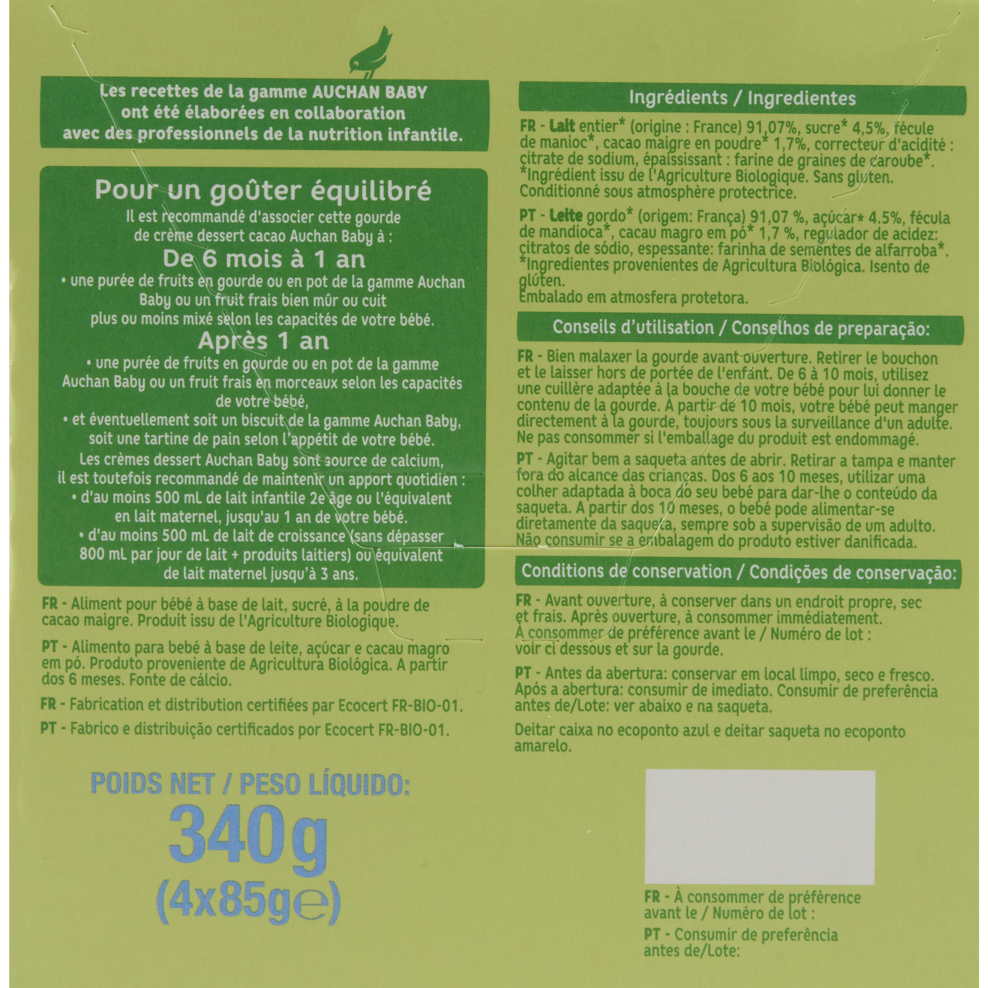 Voir la diapositive 2 : AUCHAN BABY BIO Gourde crème dessert saveur cacao dès 6 mois 4x85g