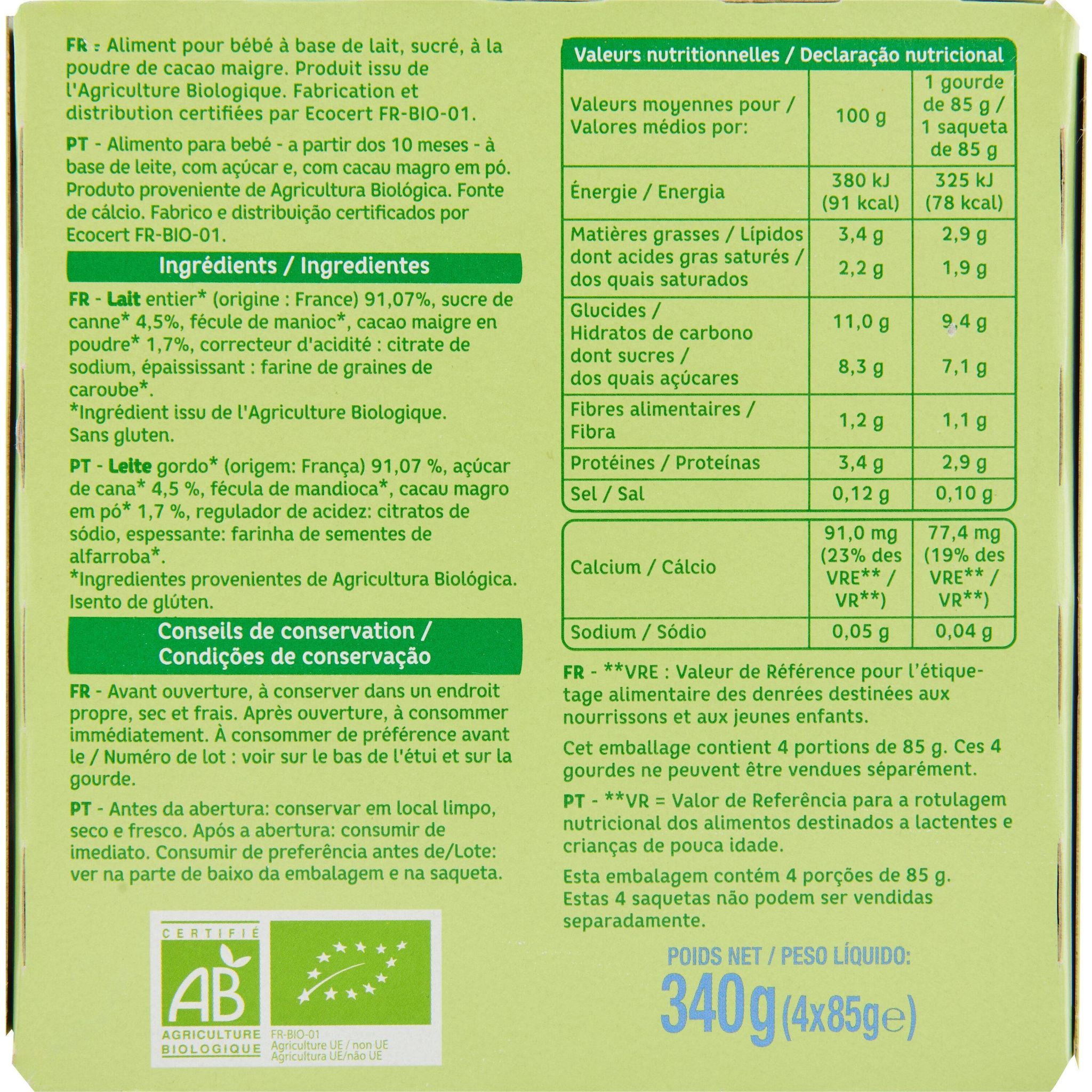 Voir la diapositive 2 : AUCHAN BABY BIO Gourde crème dessert saveur cacao dès 10 mois 4x85g